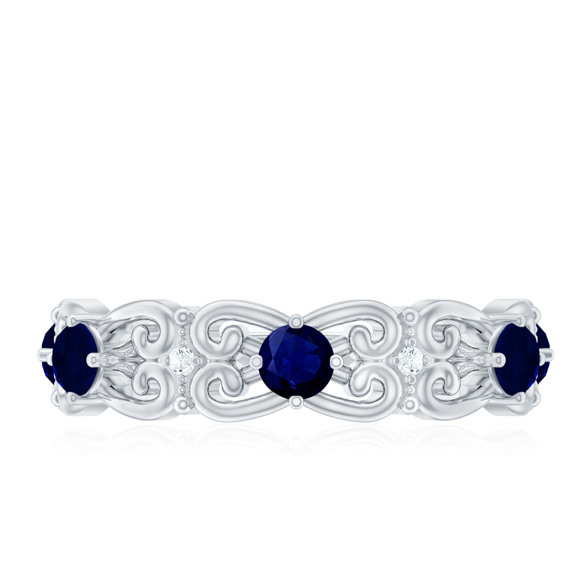Blue Sapphire and Diamond Vintage Half Eternity Wedding Band AAA - Rosec Jewels