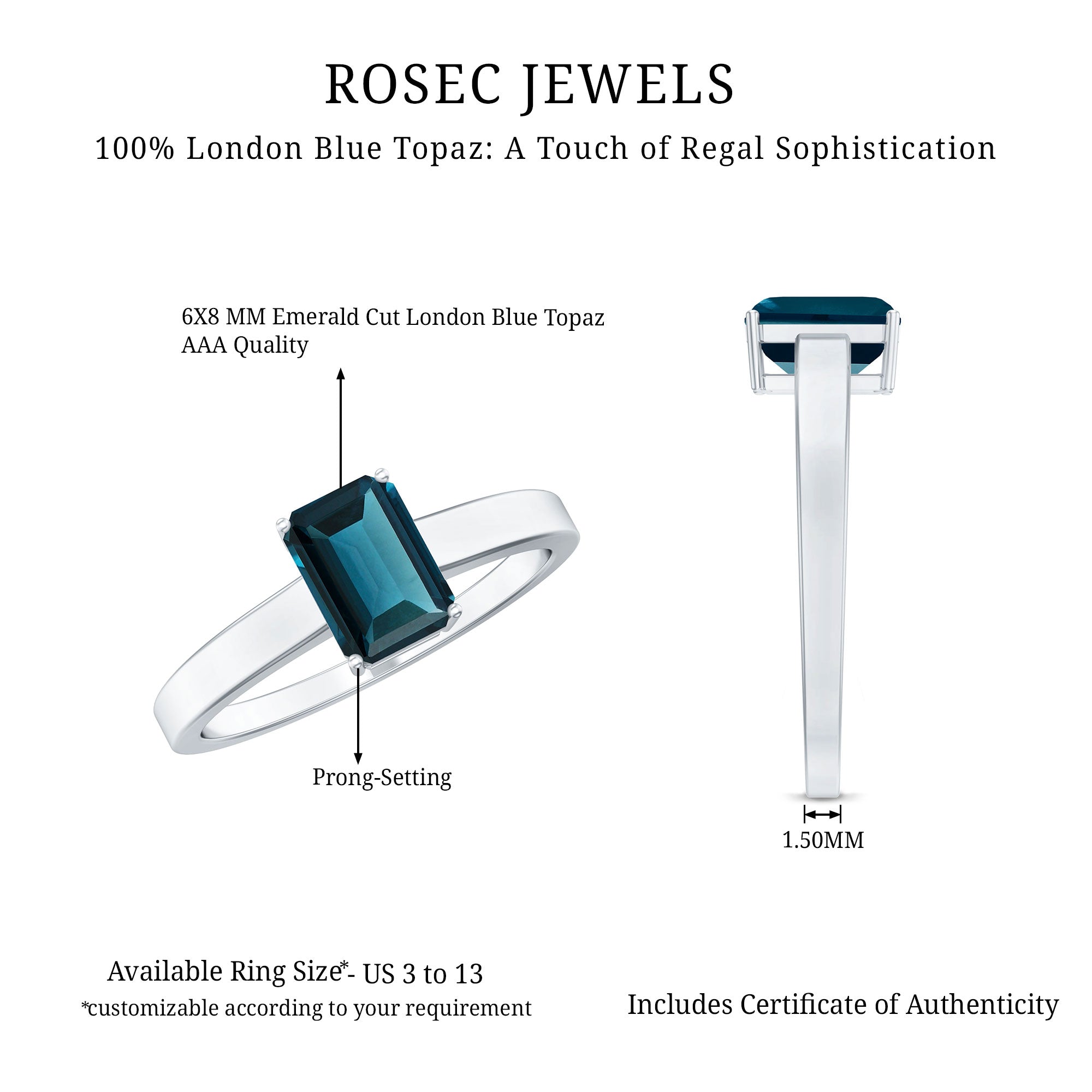 6X8mm Emerald Cut London Blue Topaz Solitaire Ring with Certificate AAA - Rosec Jewels