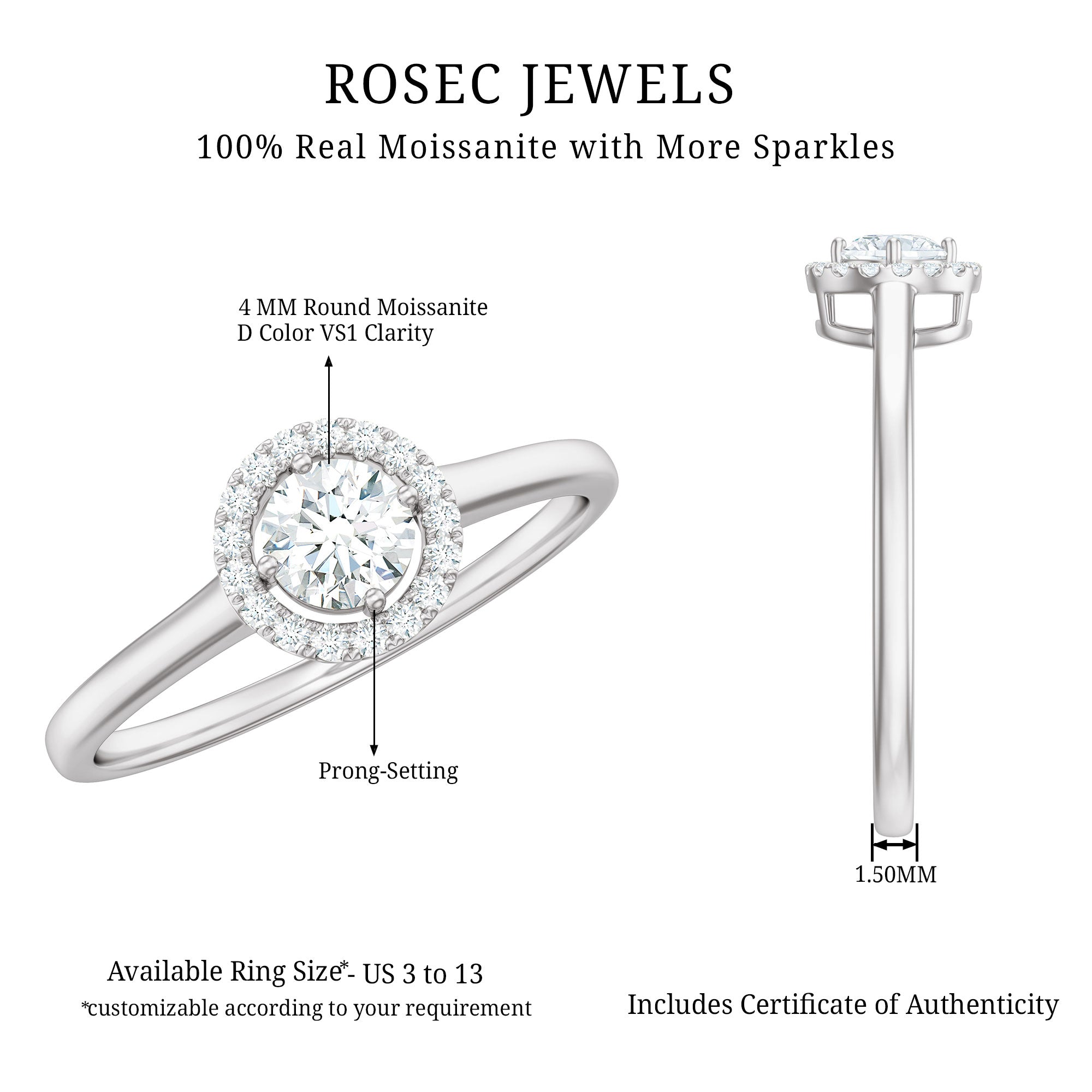 Certified Moissanite Promise Ring for Her with Halo D-VS1 - Rosec Jewels