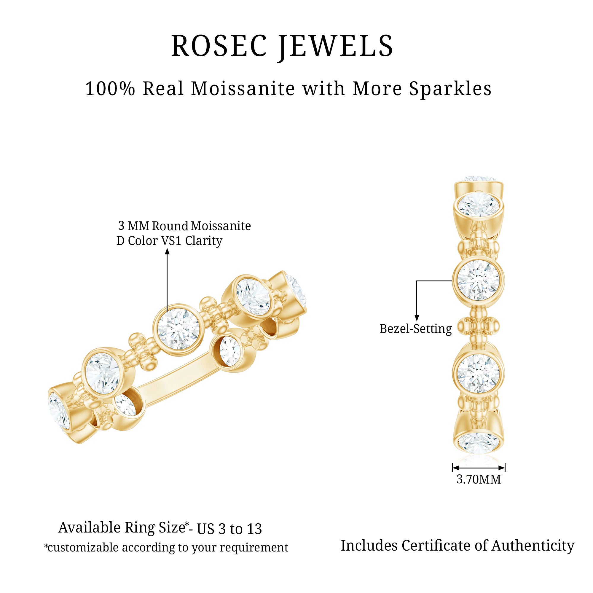 Certified Moissanite Stackable Wedding Band in Bezel Setting D-VS1 - Rosec Jewels