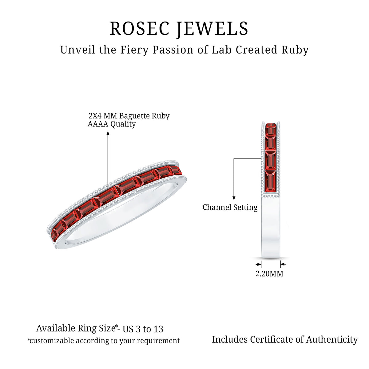 Minimalist Baguette Cut Lab Created Ruby Eternity Ring in Channel Setting AAAA - Rosec Jewels