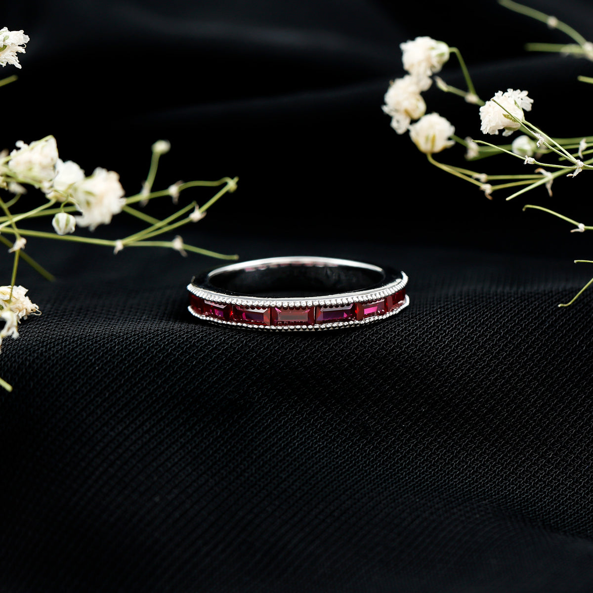 Minimalist Baguette Cut Lab Created Ruby Eternity Ring in Channel Setting AAAA - Rosec Jewels