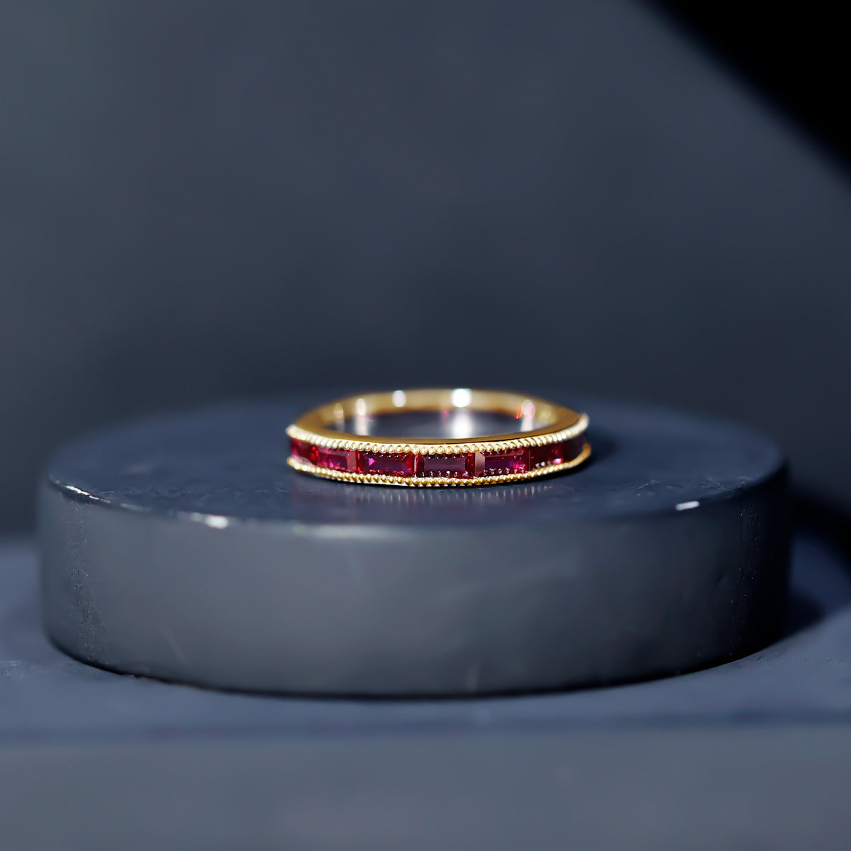 Minimalist Baguette Cut Lab Created Ruby Eternity Ring in Channel Setting AAAA - Rosec Jewels