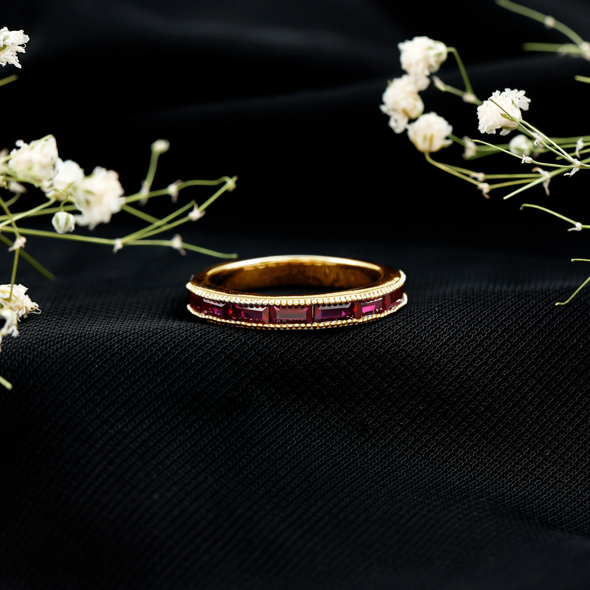Minimalist Baguette Cut Lab Created Ruby Eternity Ring in Channel Setting AAAA - Rosec Jewels