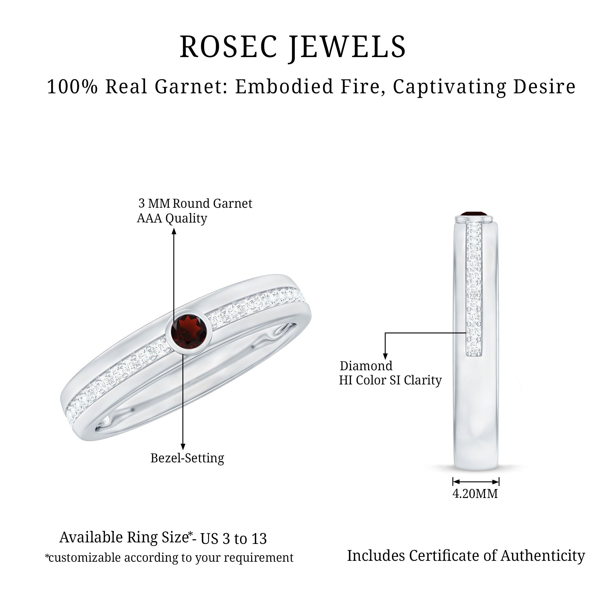 Rosec Jewels-Natural Garnet Diamond Wide Wedding Band