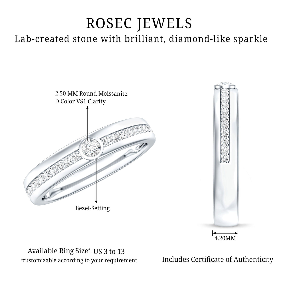 Rosec Jewels-Bezel Set Moissanite Unisex Wedding Band Ring