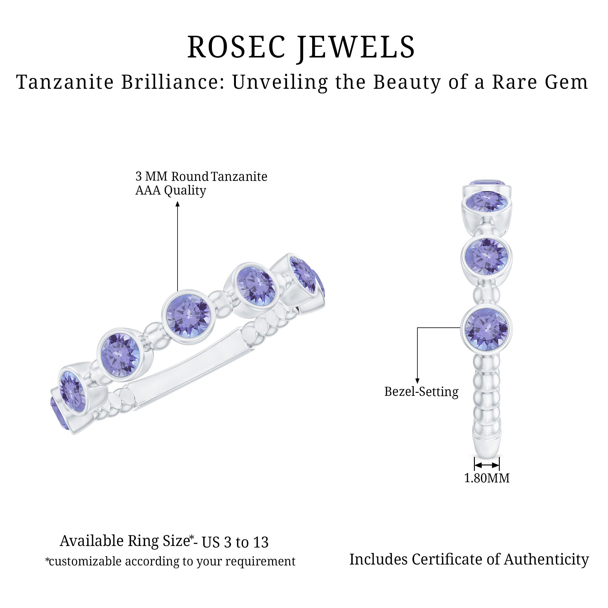 Rosec Jewels-Natural Tanzanite Half Eternity Ring in Bezel Setting