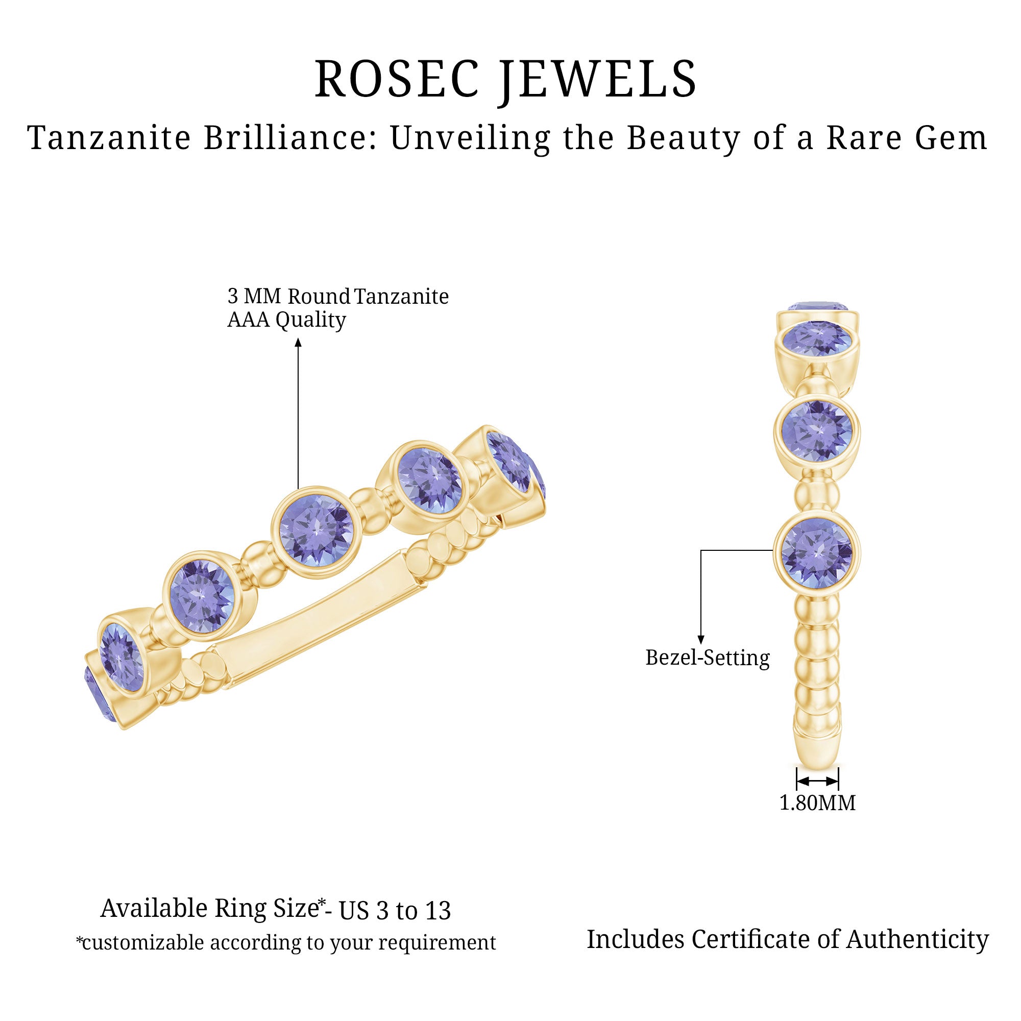 Rosec Jewels-Natural Tanzanite Half Eternity Ring in Bezel Setting