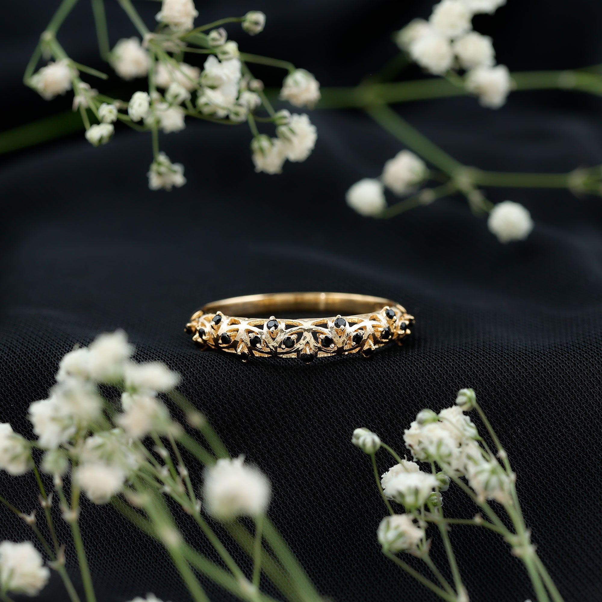 Rosec Jewels-Round Cut Certified Black Onyx Filigree Wedding Band