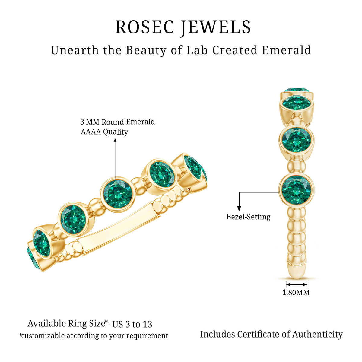 Bezel Set Lab Grown Emerald 7 Stone Half Eternity Ring with Certificate AAAA - Rosec Jewels