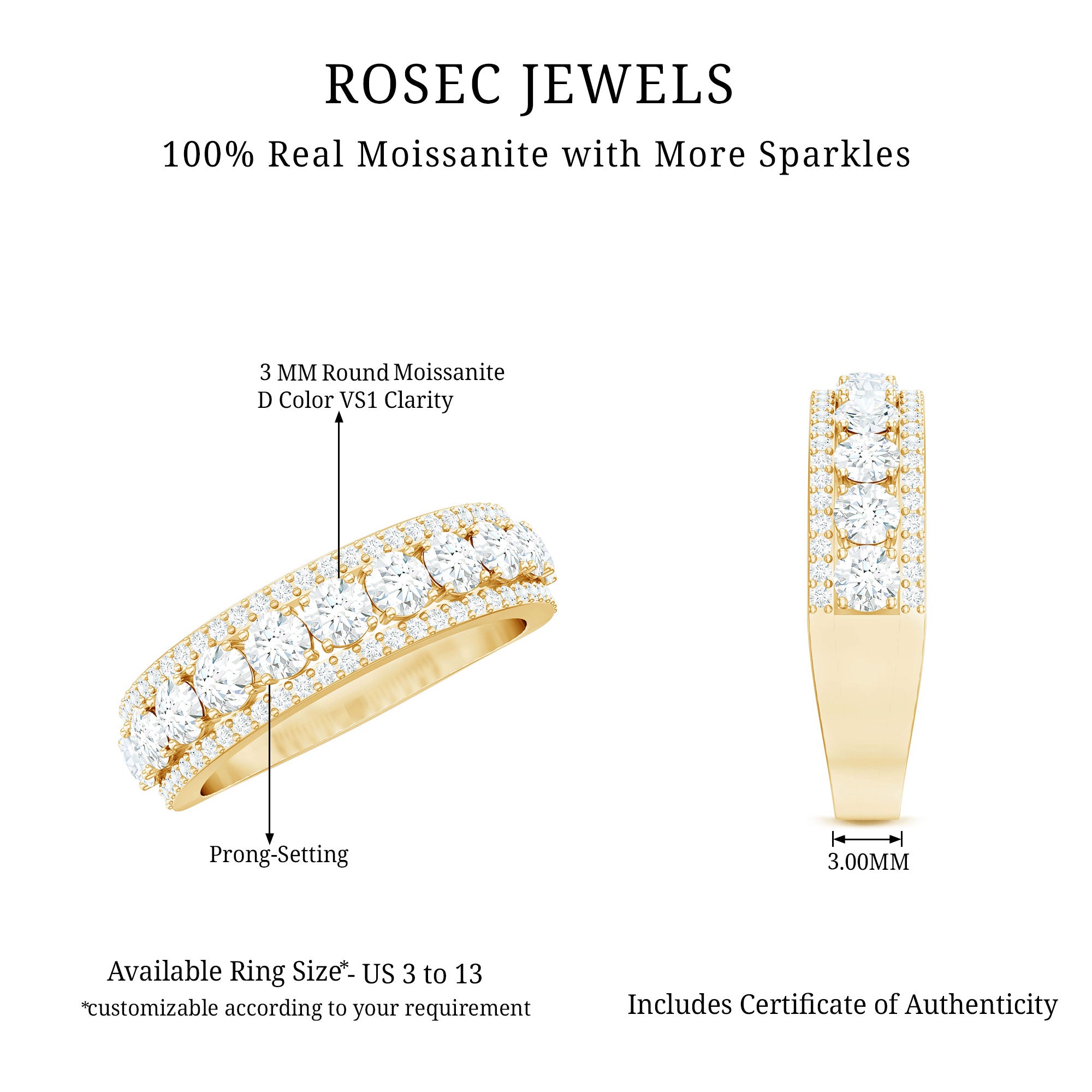 Certified Moissanite Wedding Anniversary Band Ring for Women D-VS1 - Rosec Jewels
