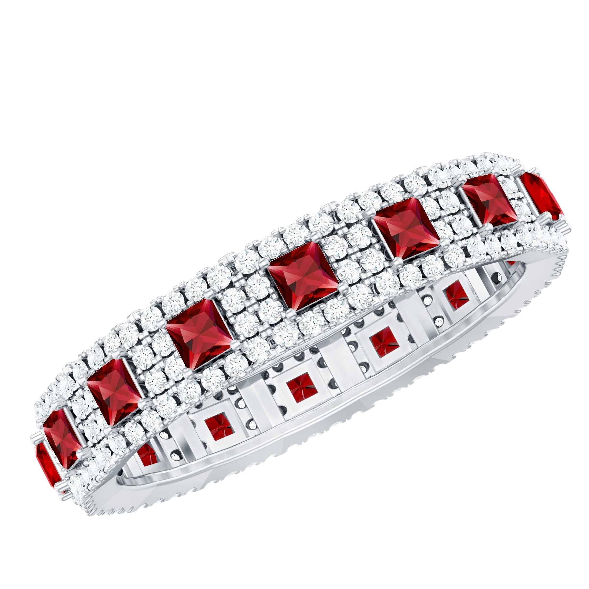 1.75 CT Princess Cut Created Ruby Wedding Band Ring with Diamond Accent AAAA - Rosec Jewels