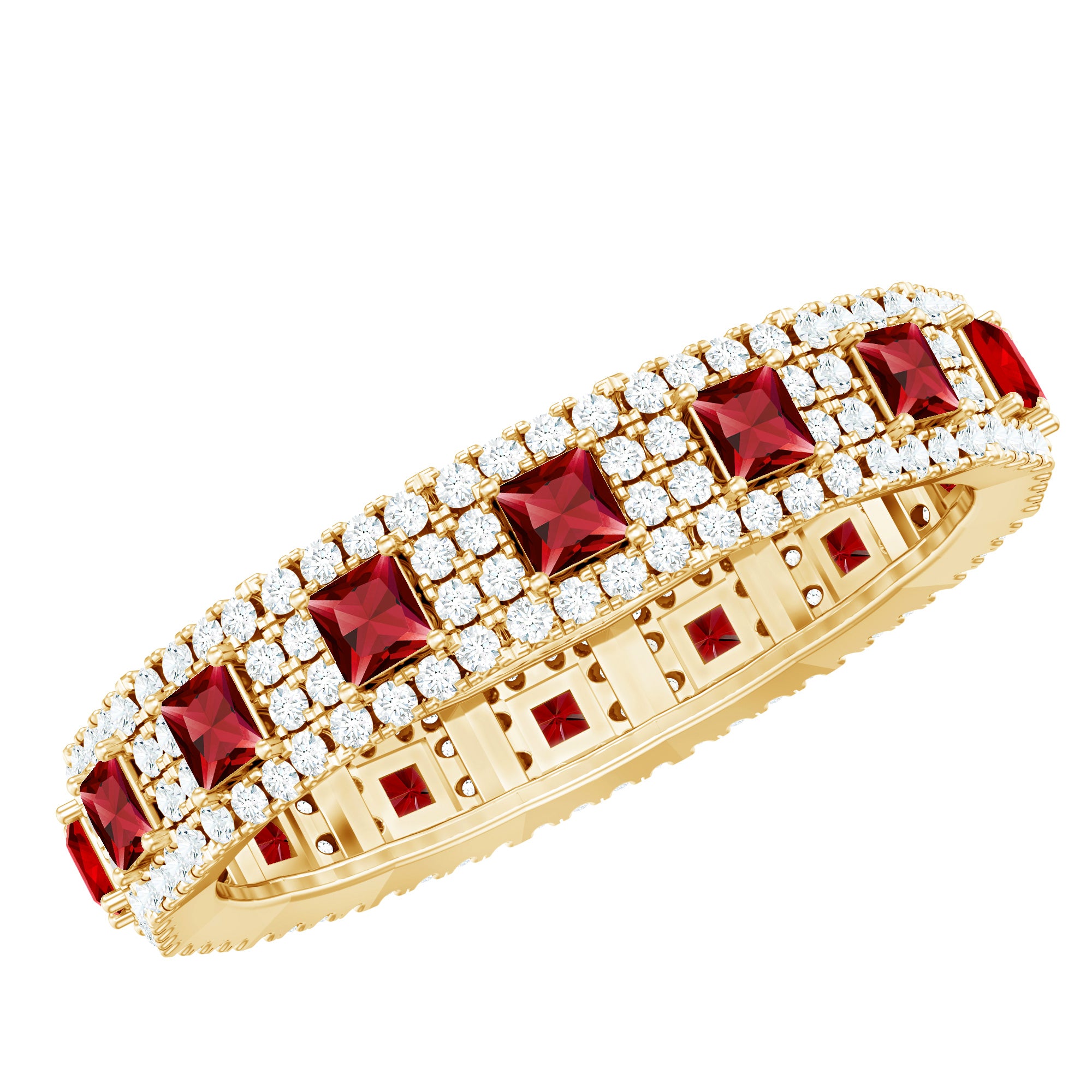 1.75 CT Princess Cut Created Ruby Wedding Band Ring with Diamond Accent AAAA - Rosec Jewels