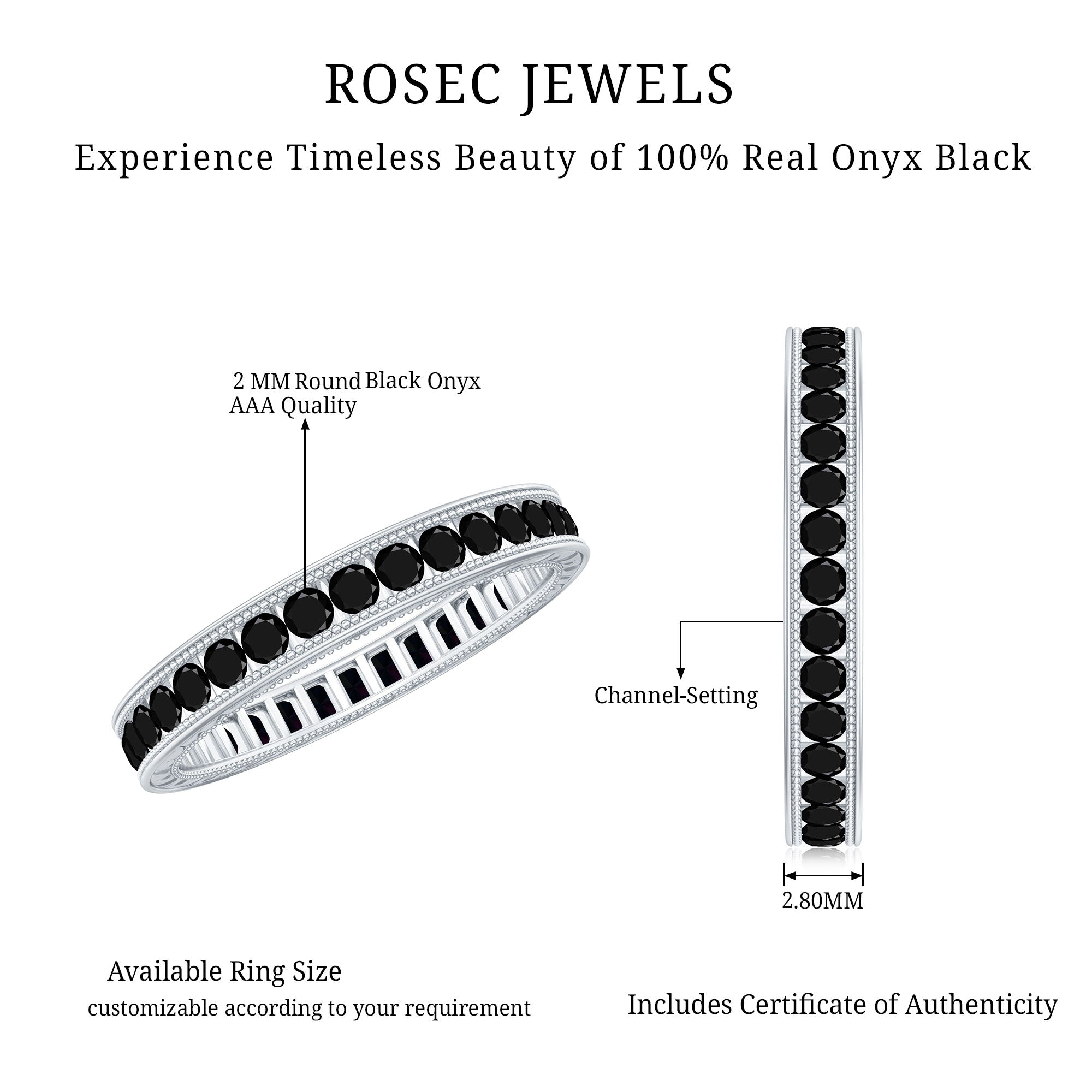Black Onyx Wedding Band with Milgrain Detailing AAA - Rosec Jewels