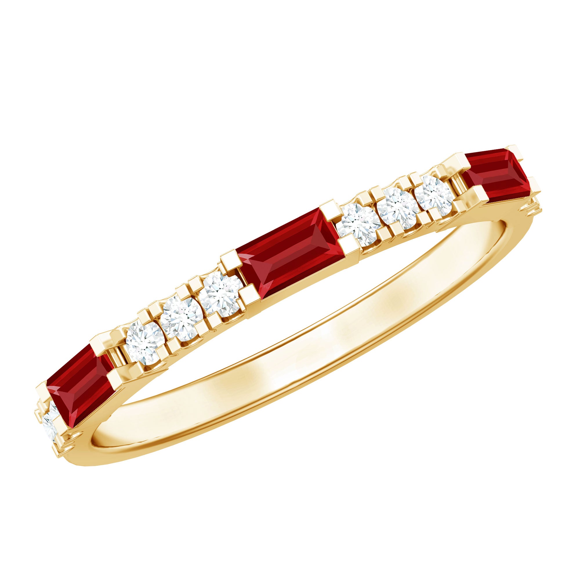 Rosec Jewels-3/4 CT Baguette Cut Lab Grown Ruby Stackable Ring with Diamond