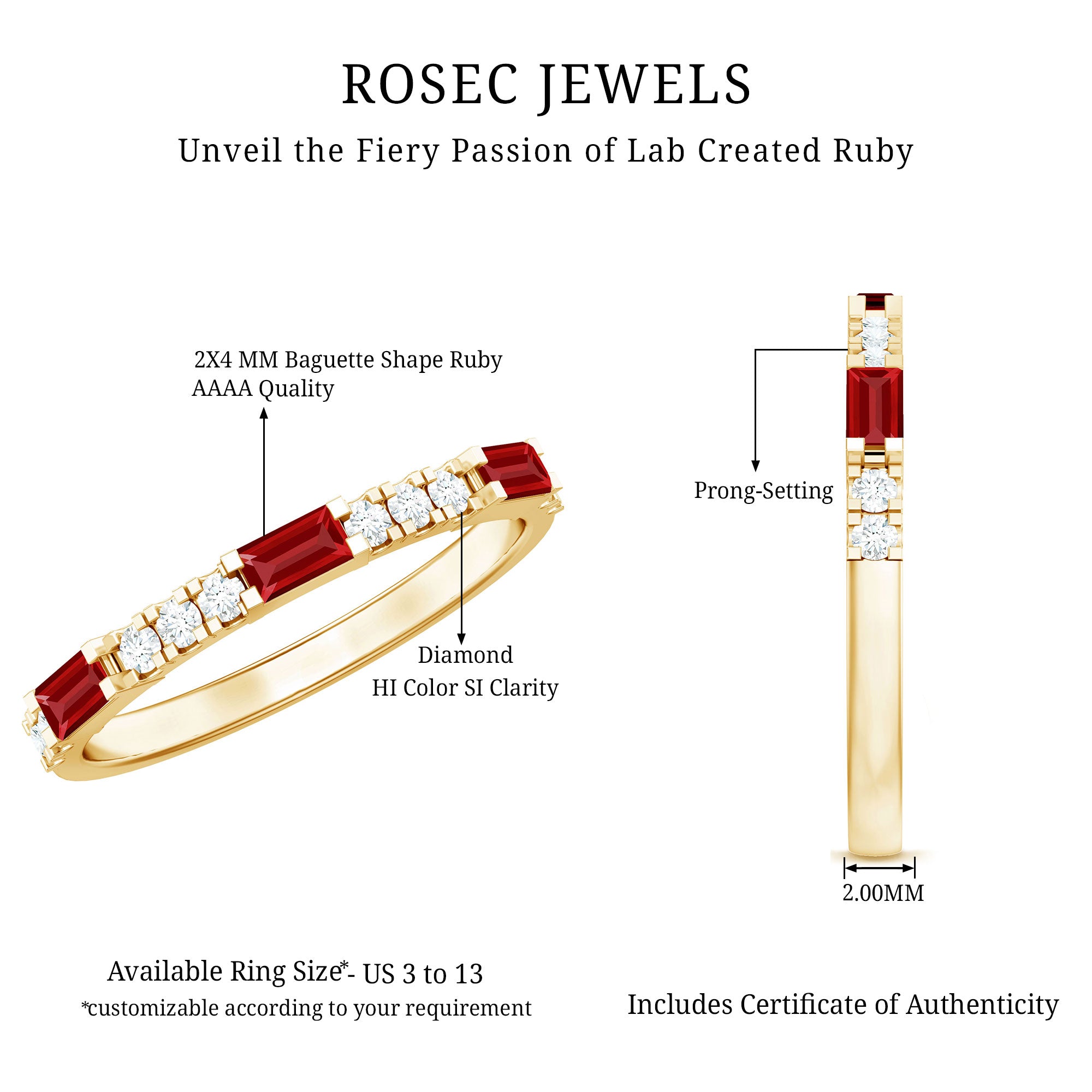 Rosec Jewels-3/4 CT Baguette Cut Lab Grown Ruby Stackable Ring with Diamond