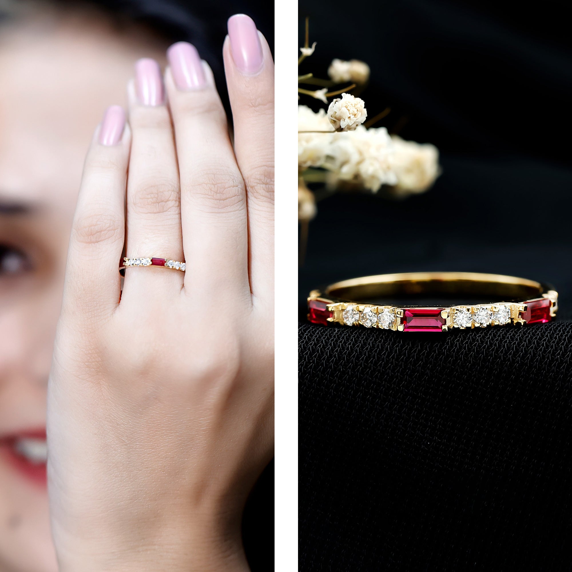 Rosec Jewels-3/4 CT Baguette Cut Lab Grown Ruby Stackable Ring with Diamond