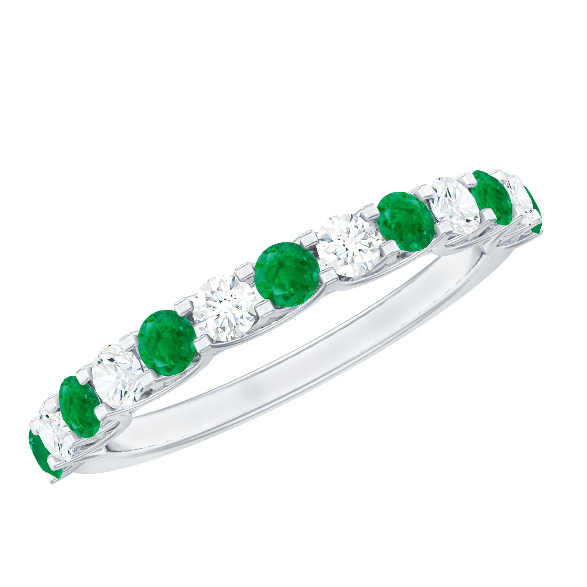 Trellis Set Round Emerald and Moissanite Half Eternity Ring