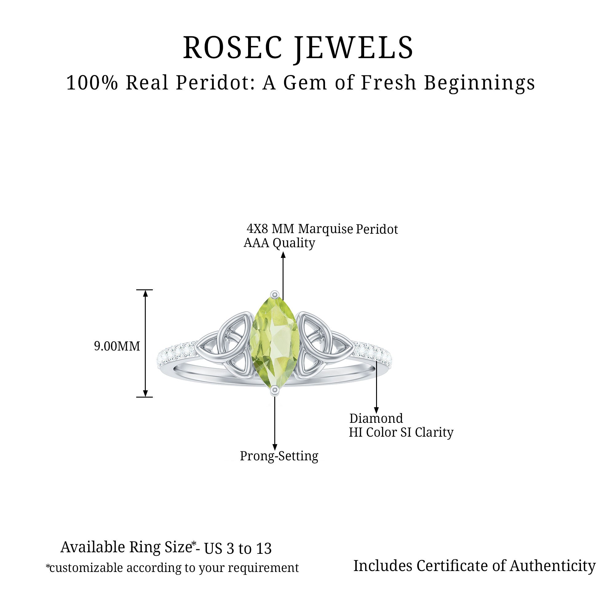 Rosec Jewels-Natural 0.7 Carat Peridot Diamond Marquise Engagement Ring with Celtic Knot