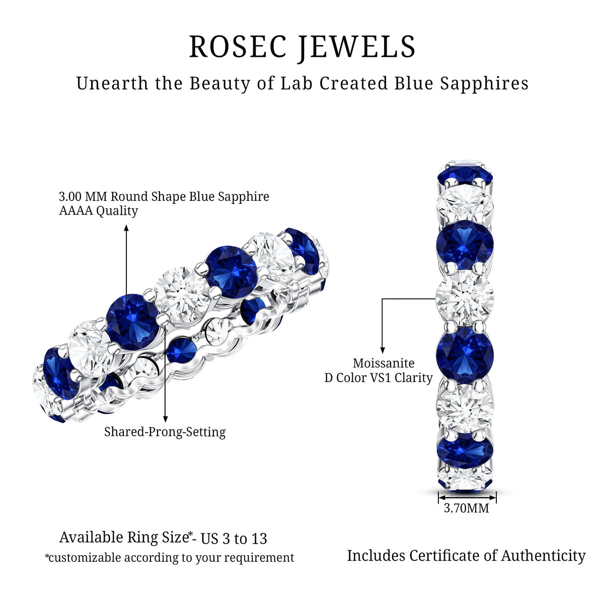 Certified Round Lab Grown Blue Sapphire Eternity Band Ring with Moissanite AAAA - Rosec Jewels