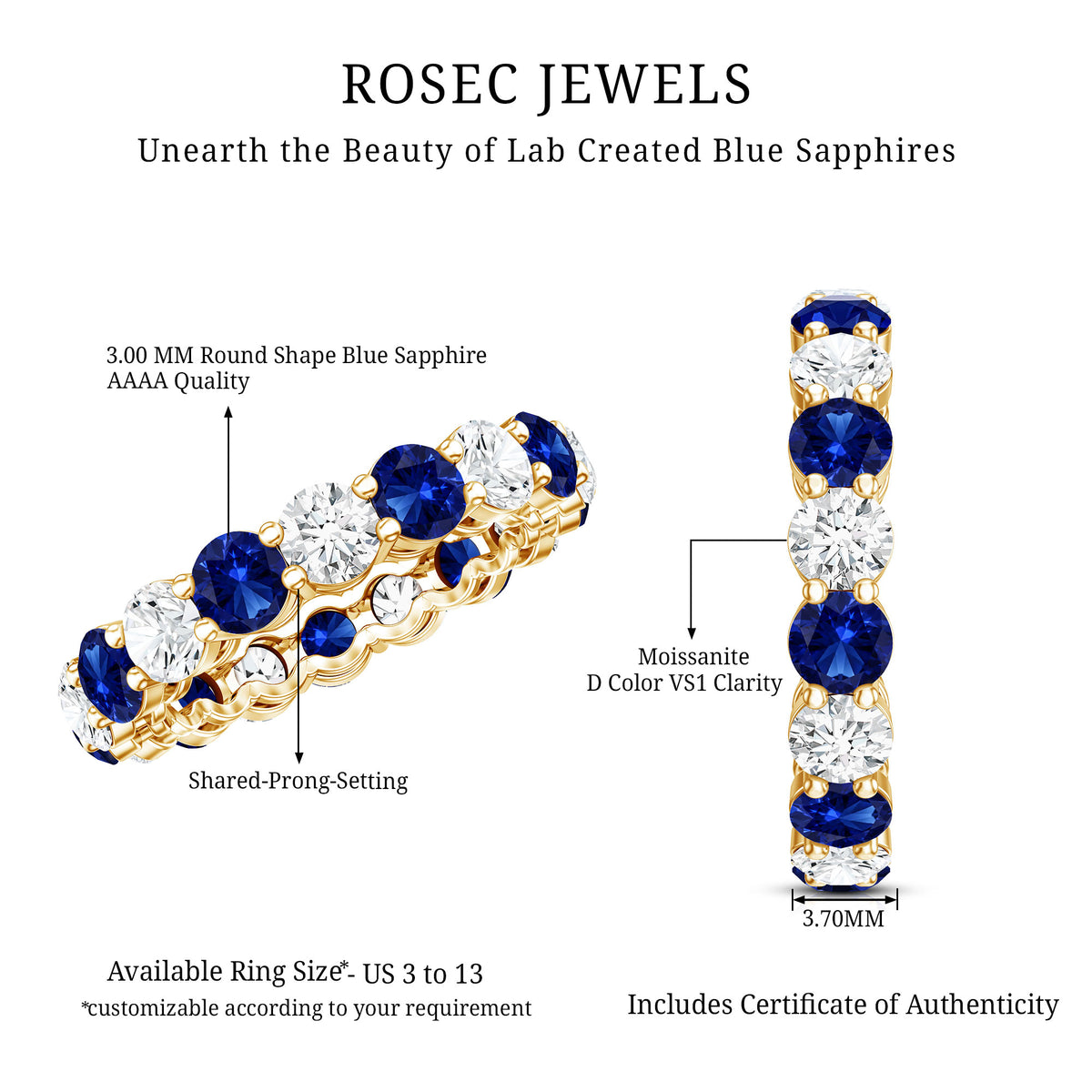 Certified Round Lab Grown Blue Sapphire Eternity Band Ring with Moissanite AAAA - Rosec Jewels