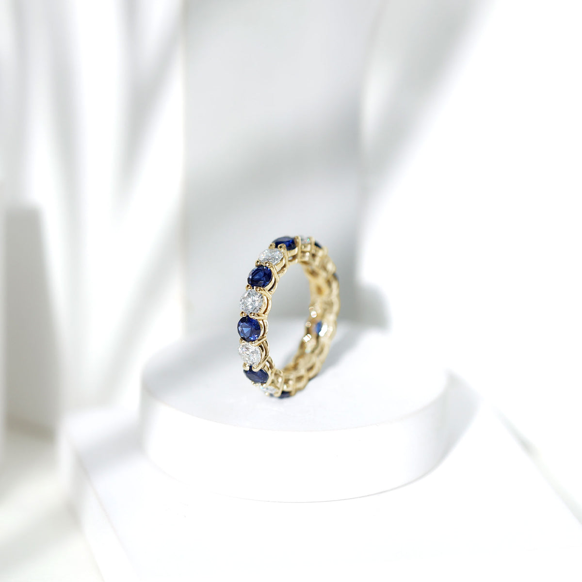 Certified Round Lab Grown Blue Sapphire Eternity Band Ring with Moissanite AAAA - Rosec Jewels