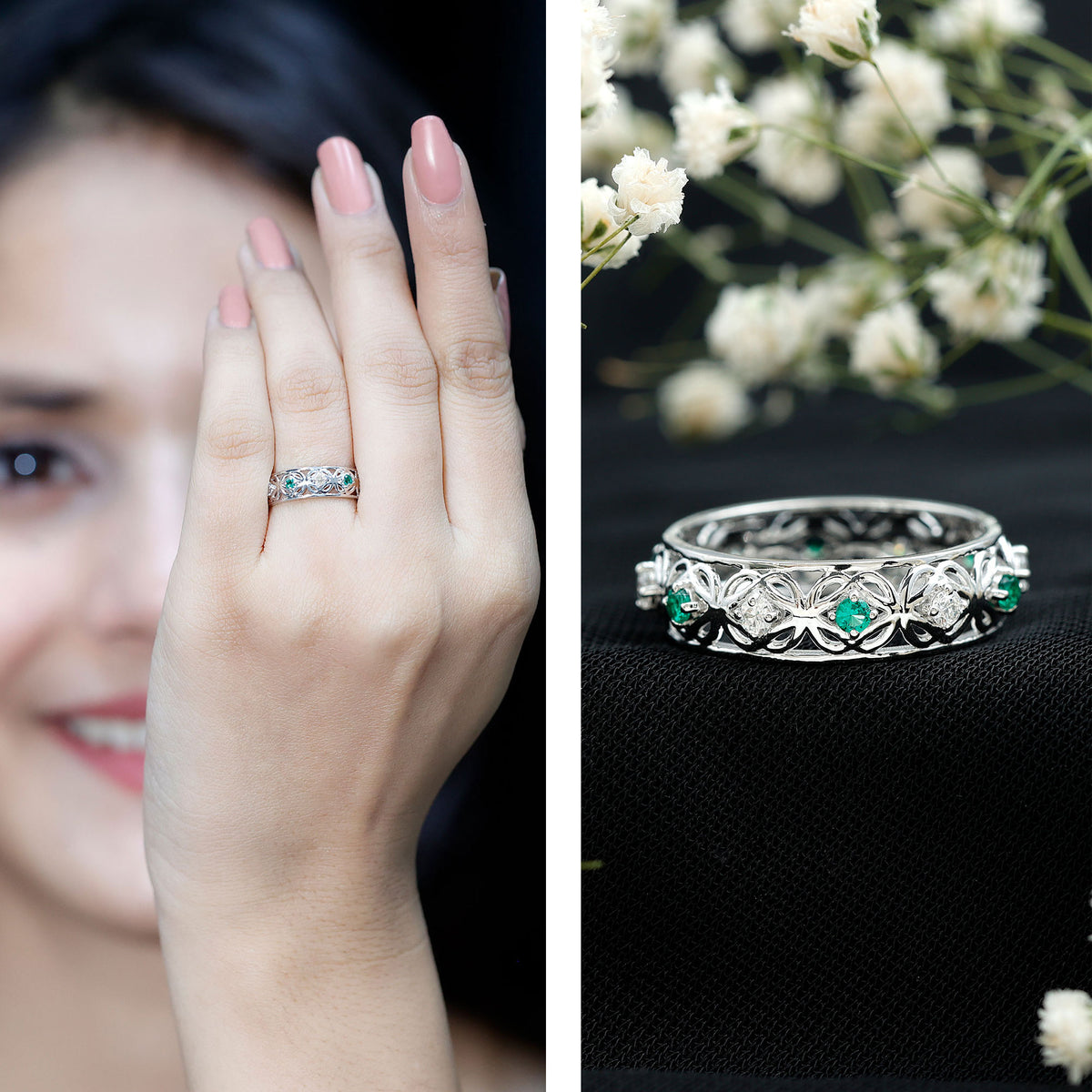 Lab Emerald and Diamond Vintage Wedding Band Ring AAAA - Rosec Jewels