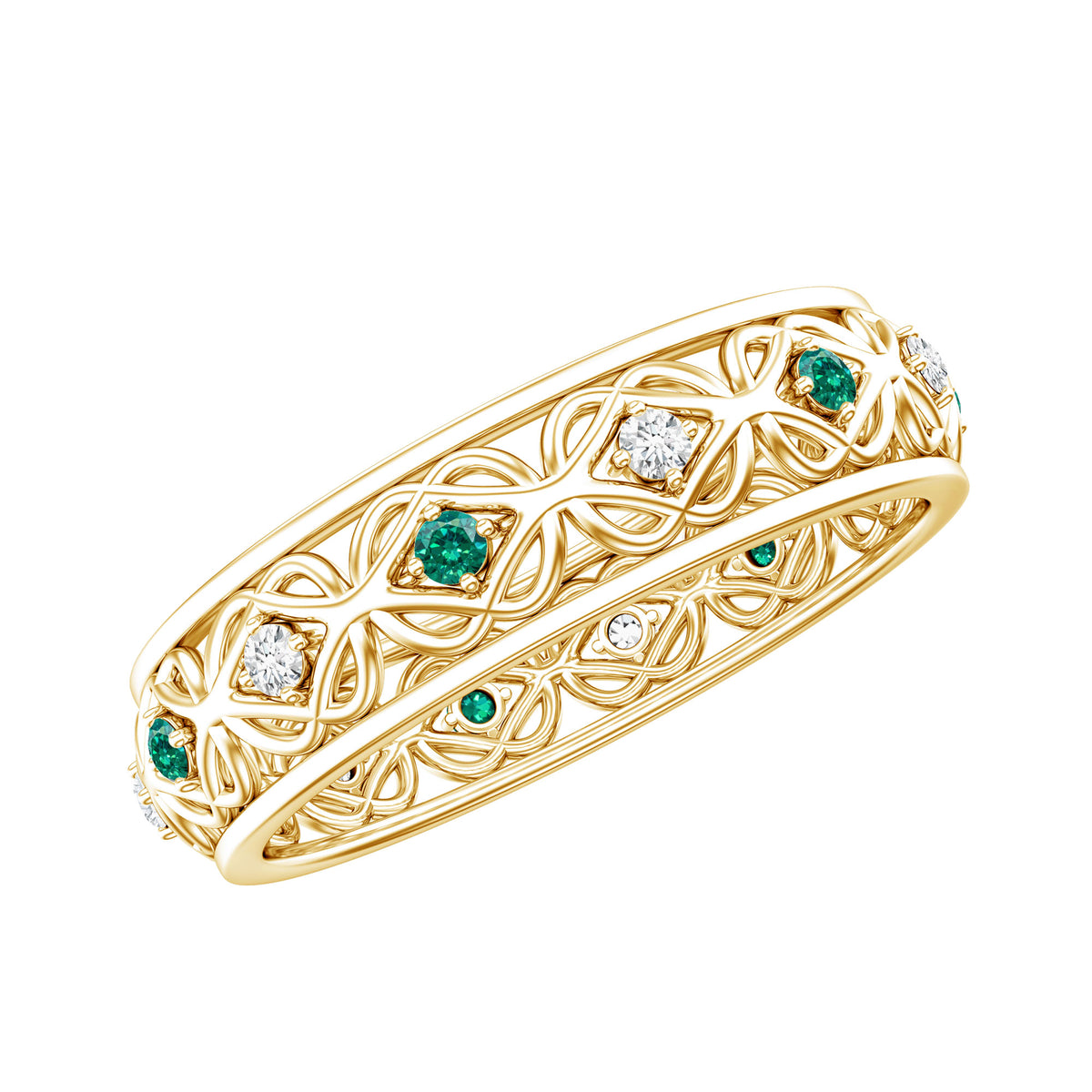 Lab Emerald and Diamond Vintage Wedding Band Ring AAAA - Rosec Jewels