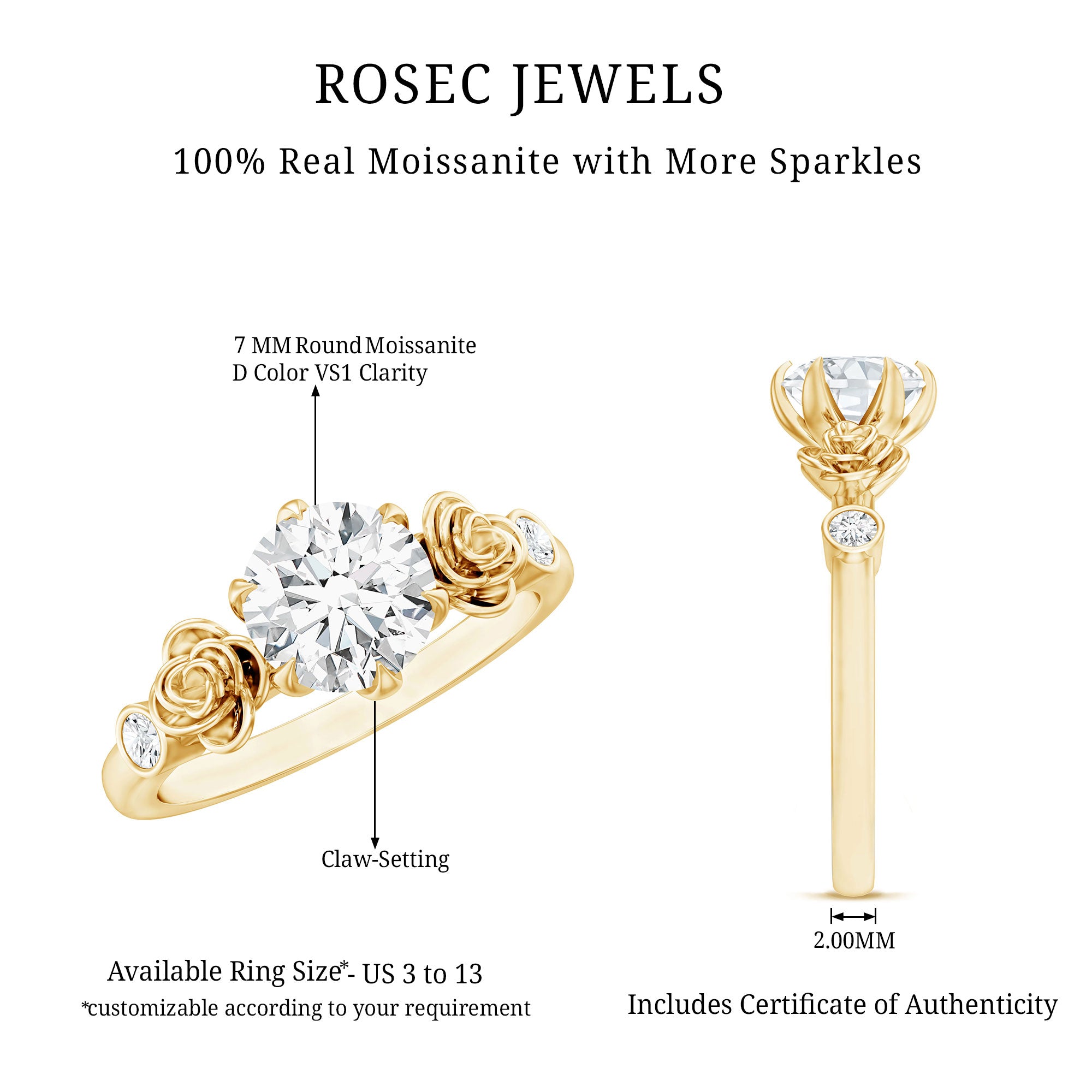 Brilliant Cut Moissanite Rose Engagement Ring For Women D-VS1 - Rosec Jewels