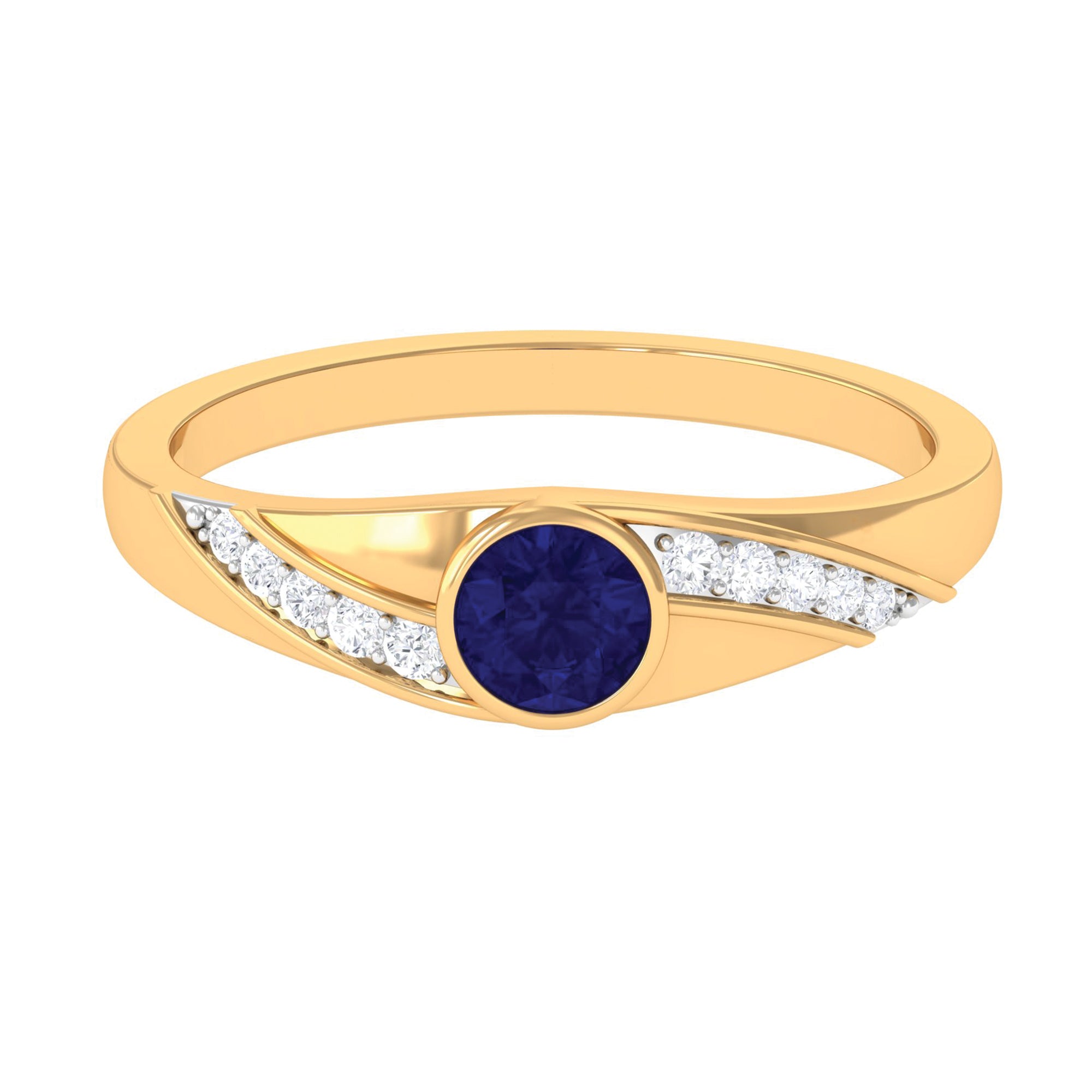 Bezel Set Blue Sapphire and Diamond Engagement Ring for Men AAA - Rosec Jewels