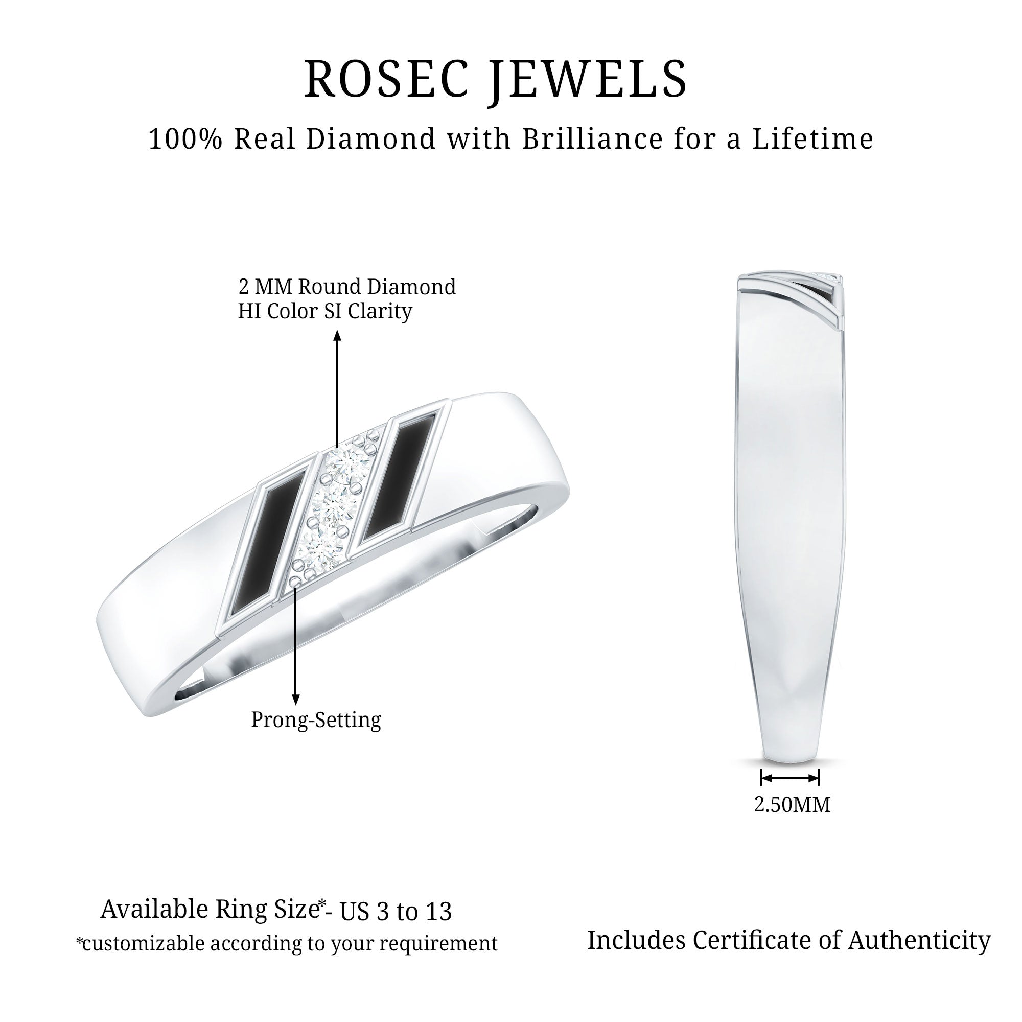 Natural Mens Diamond Wedding Band with Black Enamel Natural - ( HI-SI ) - Rosec Jewels