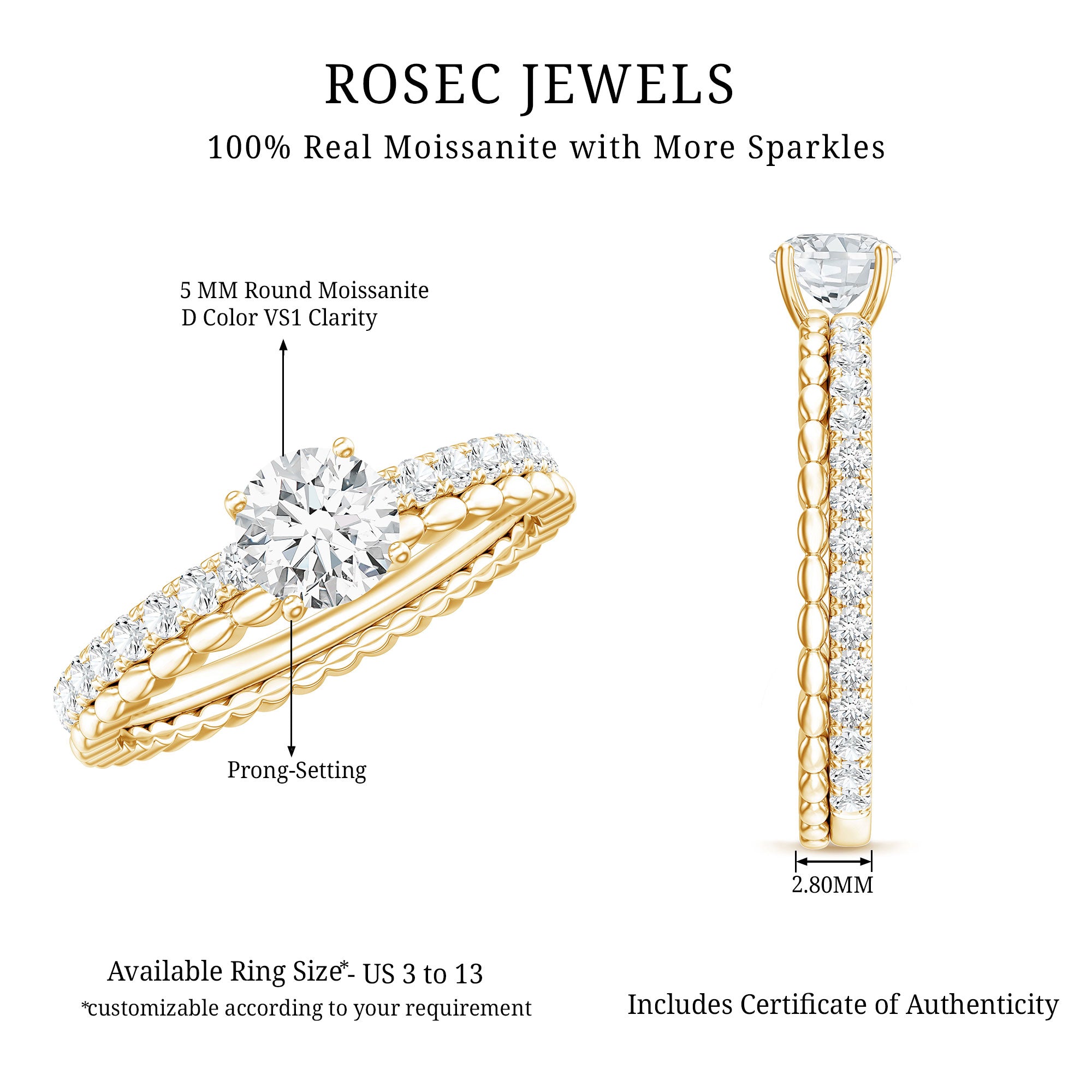 Rosec Jewels-Round Cut Moissanite Designer Engagement Ring With Certificate