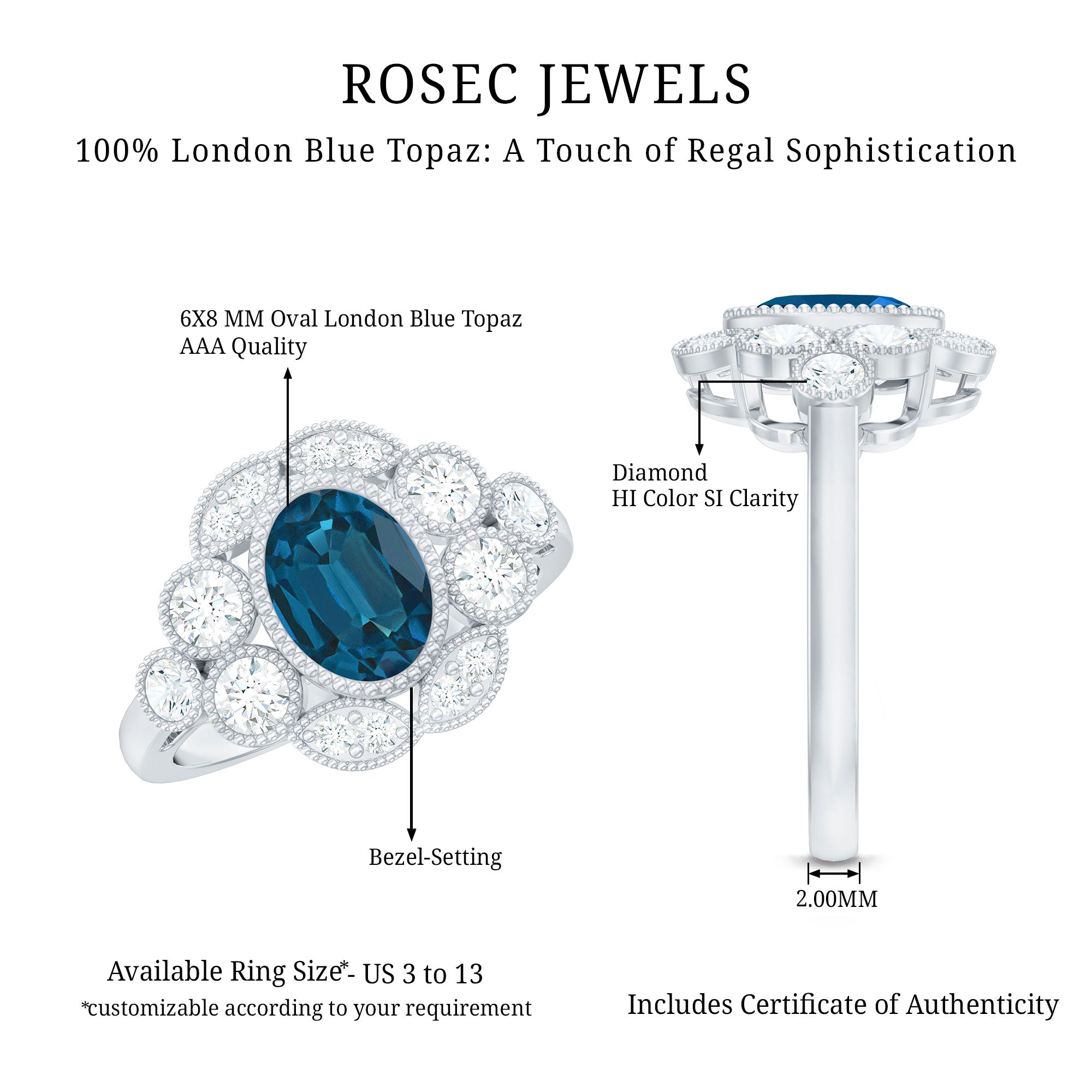 Real Oval London Blue Topaz Vintage Engagement Ring with Diamond AAA - Rosec Jewels