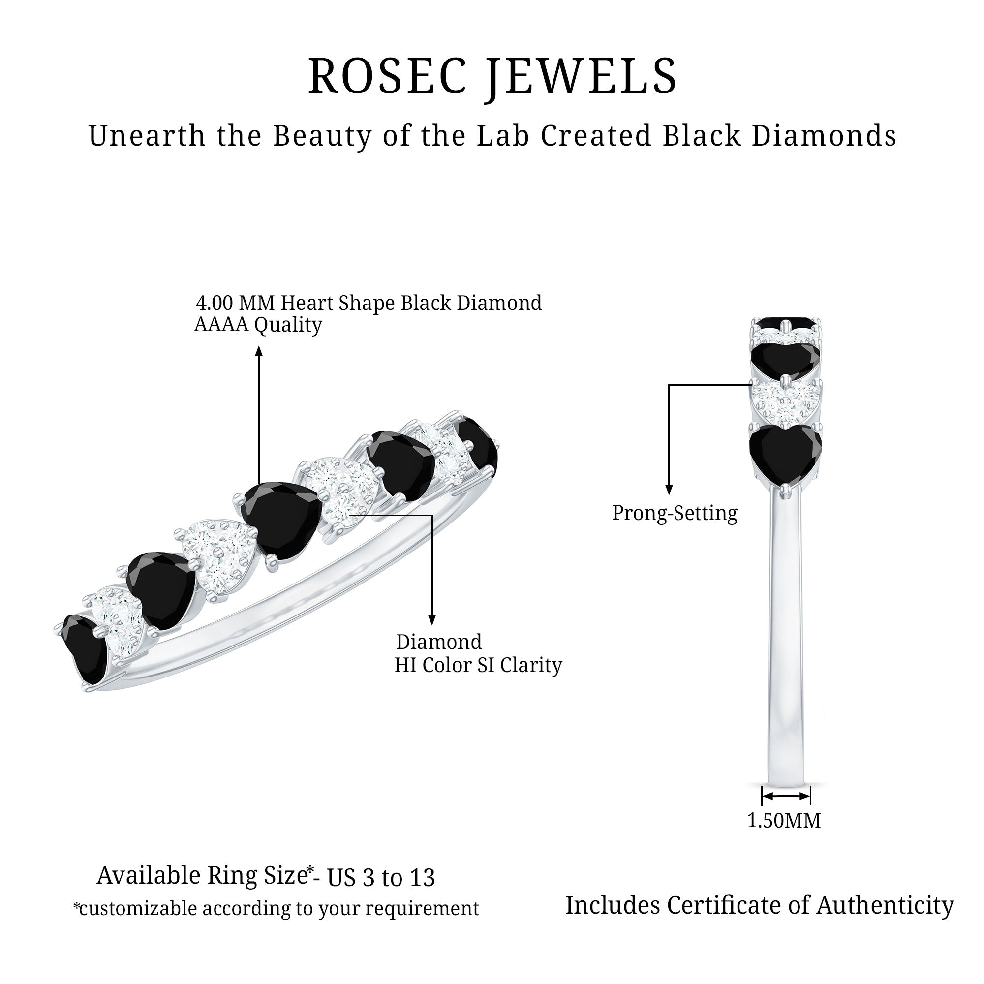 Rosec Jewels-3/4 CT Created Black Diamond Heart Half Eternity Ring with Diamond