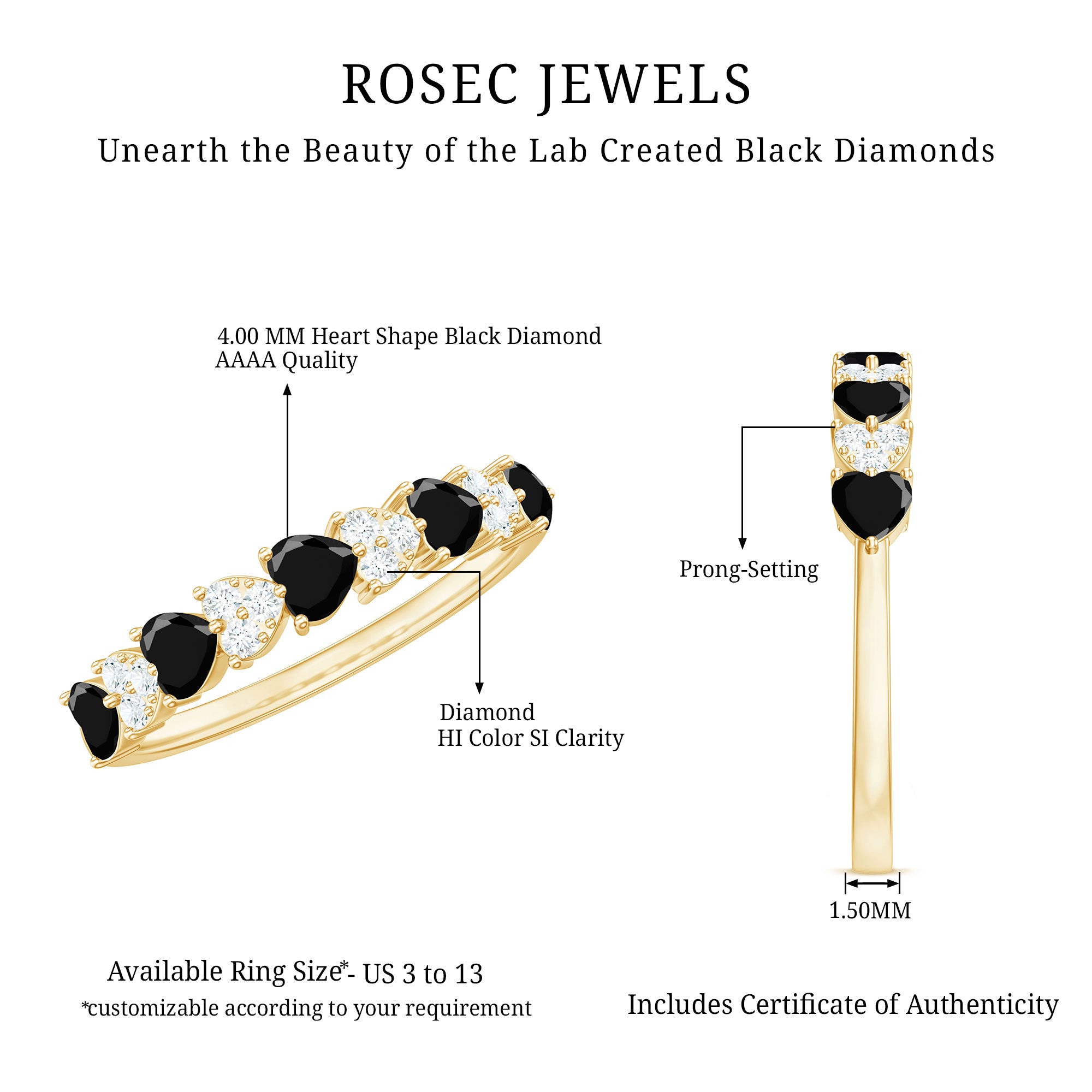Rosec Jewels-3/4 CT Created Black Diamond Heart Half Eternity Ring with Diamond