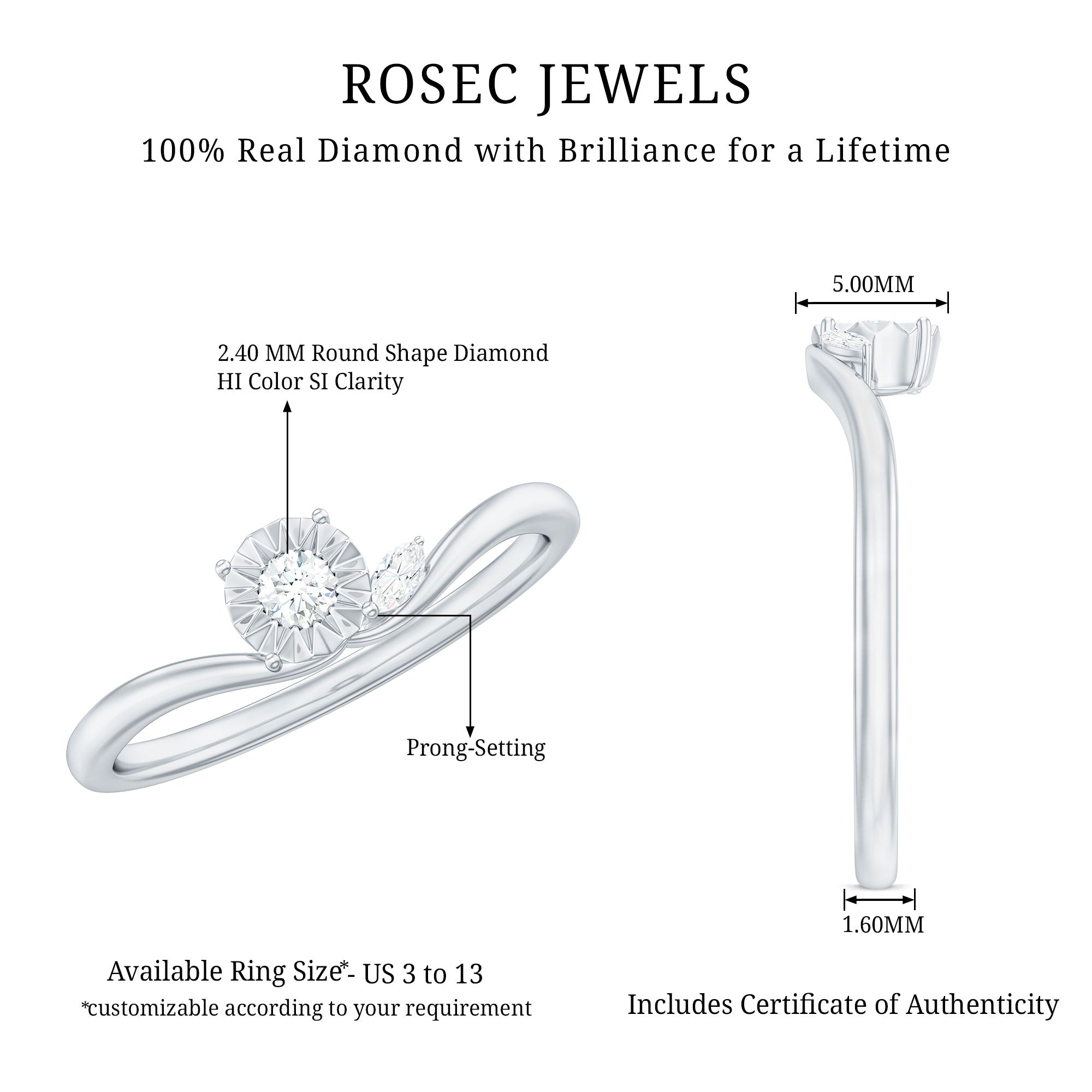 Certified Real Diamond Curved Promise Ring Natural - ( HI-SI ) - Rosec Jewels