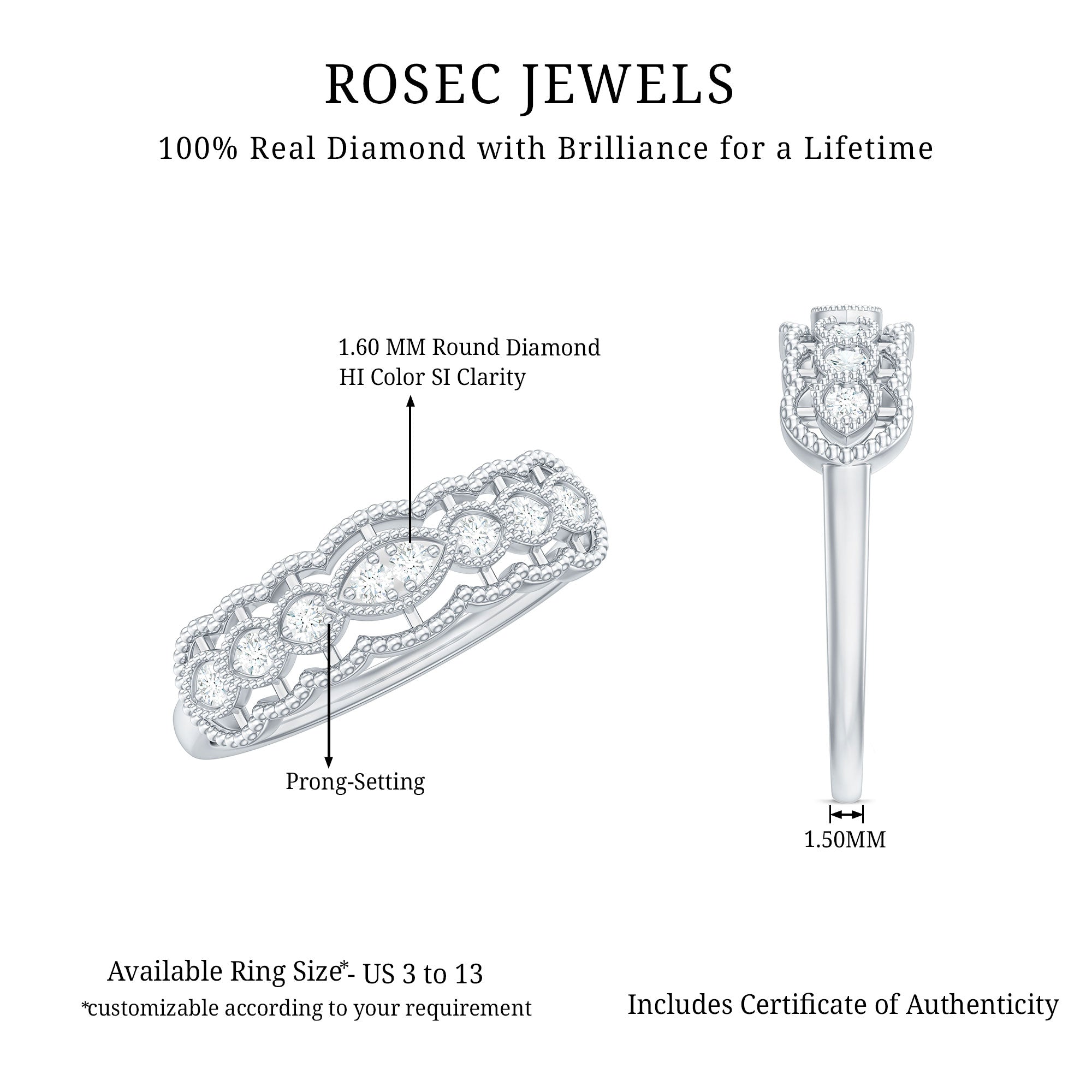 Vintage Inspired Natural Diamond Anniversary Ring Natural - ( HI-SI ) - Rosec Jewels