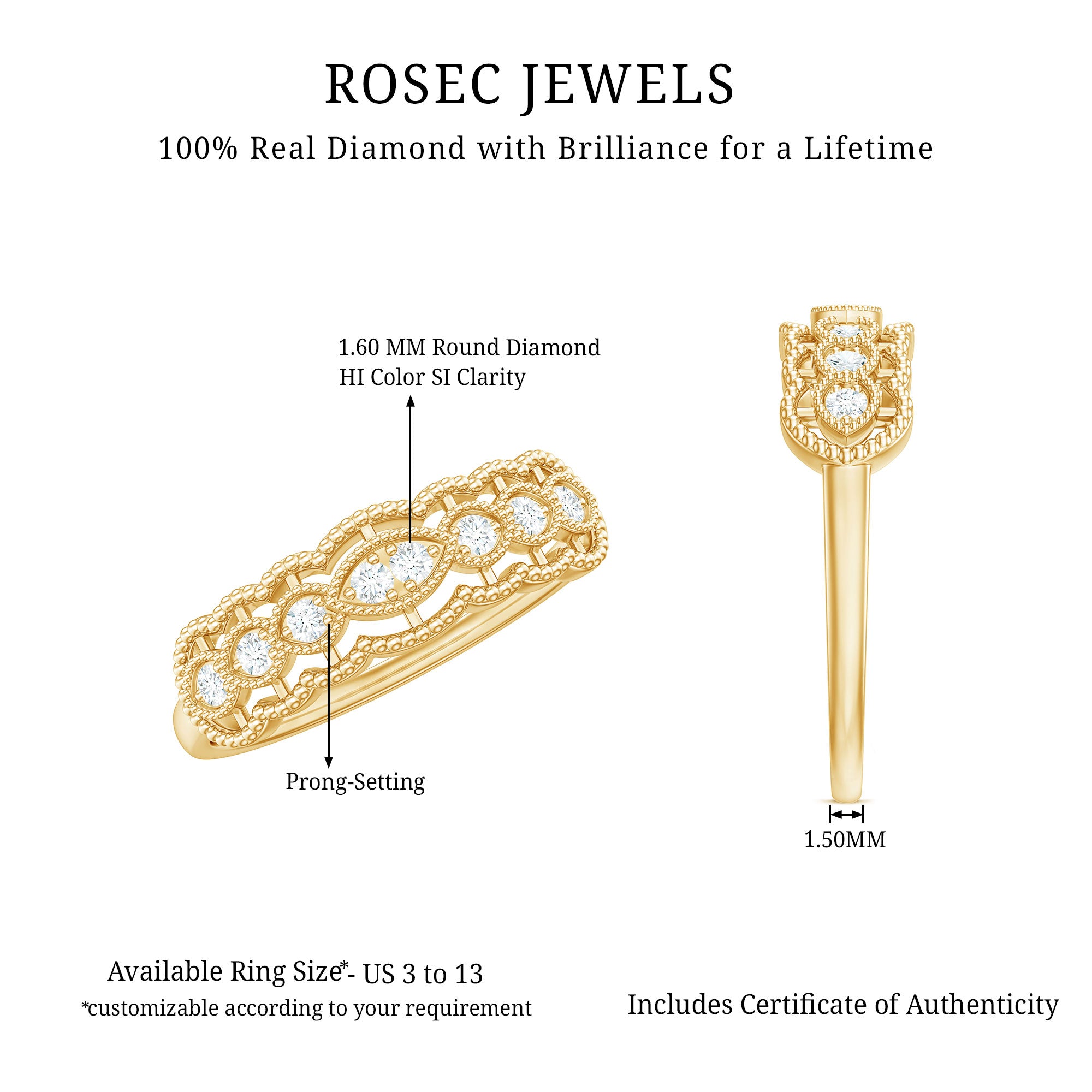 Vintage Inspired Natural Diamond Anniversary Ring Natural - ( HI-SI ) - Rosec Jewels