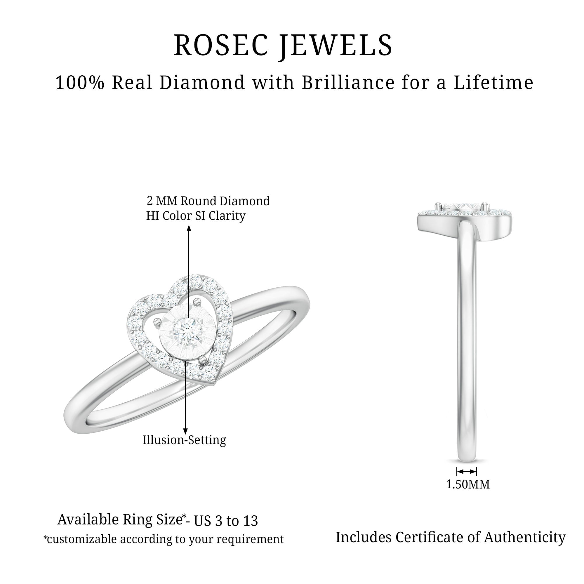 Certified Real Diamond Heart Promise Ring Natural - ( HI-SI ) - Rosec Jewels