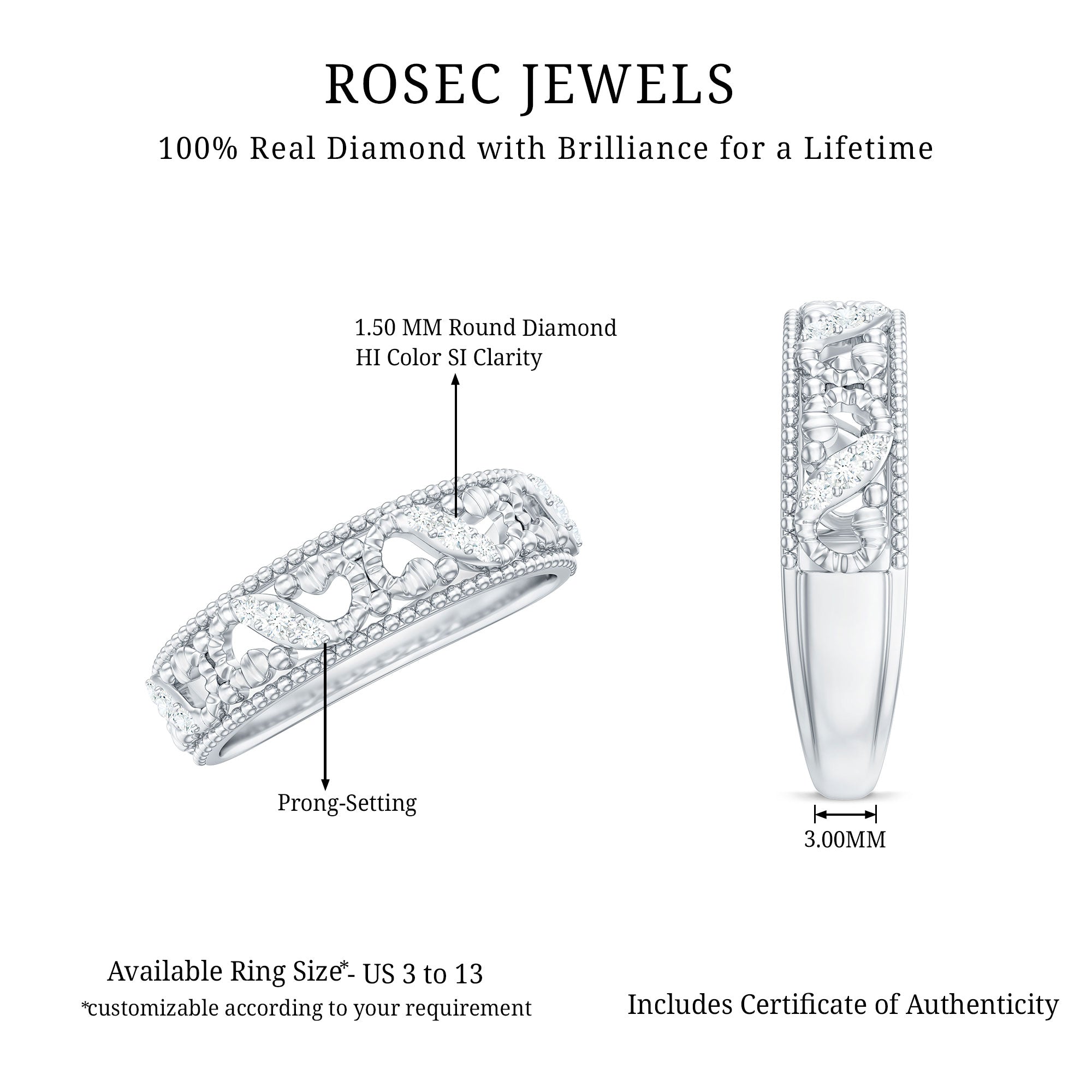 Rosec Jewels-Vintage Looking Diamond Band Ring for Women
