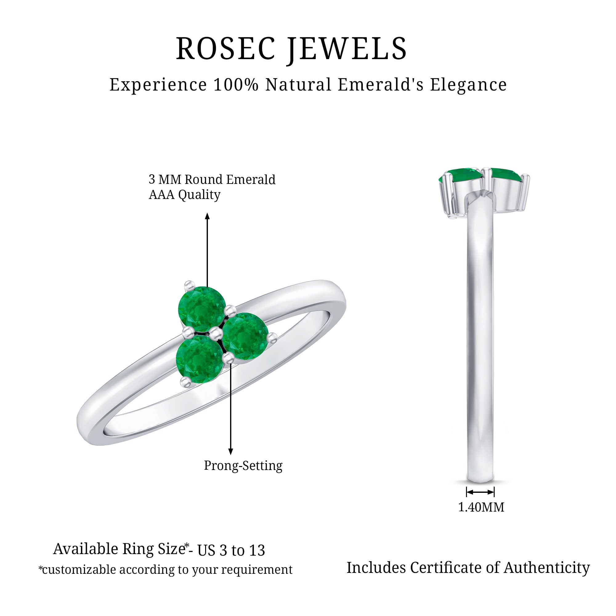 Natural Emerald 3 Stone Promise Ring with Certificate AAA - Rosec Jewels