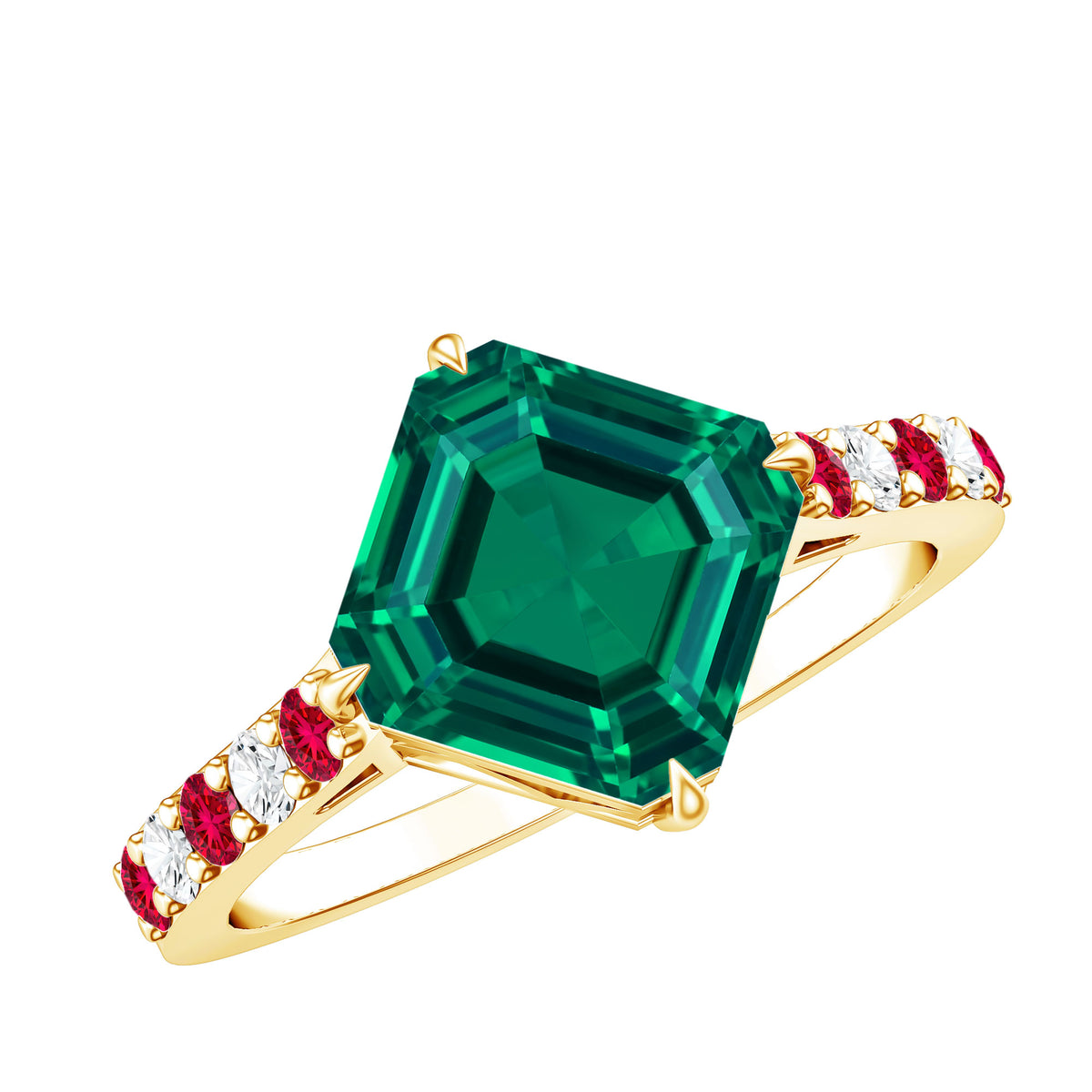 6 Carat Lab Created Emerald Engagement Ring with Lab Ruby and Diamond AAAA - Rosec Jewels
