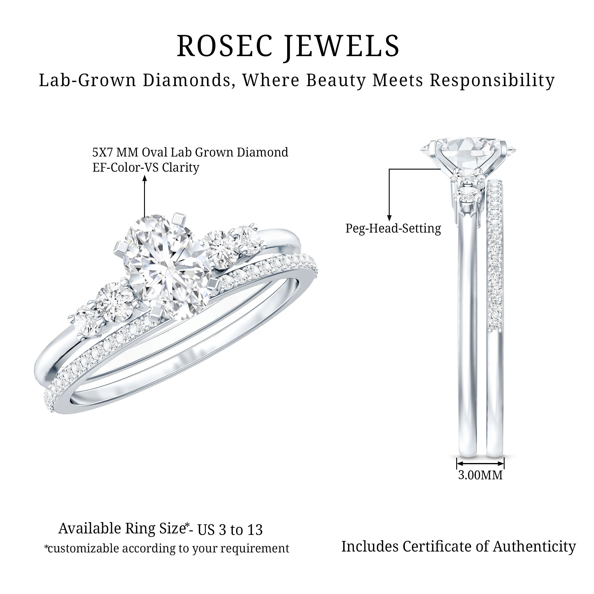 Certified 0.75 Carat Oval Lab Grown Diamond Wedding Bridal Ring Set Lab - ( EF-VS ) - Rosec Jewels