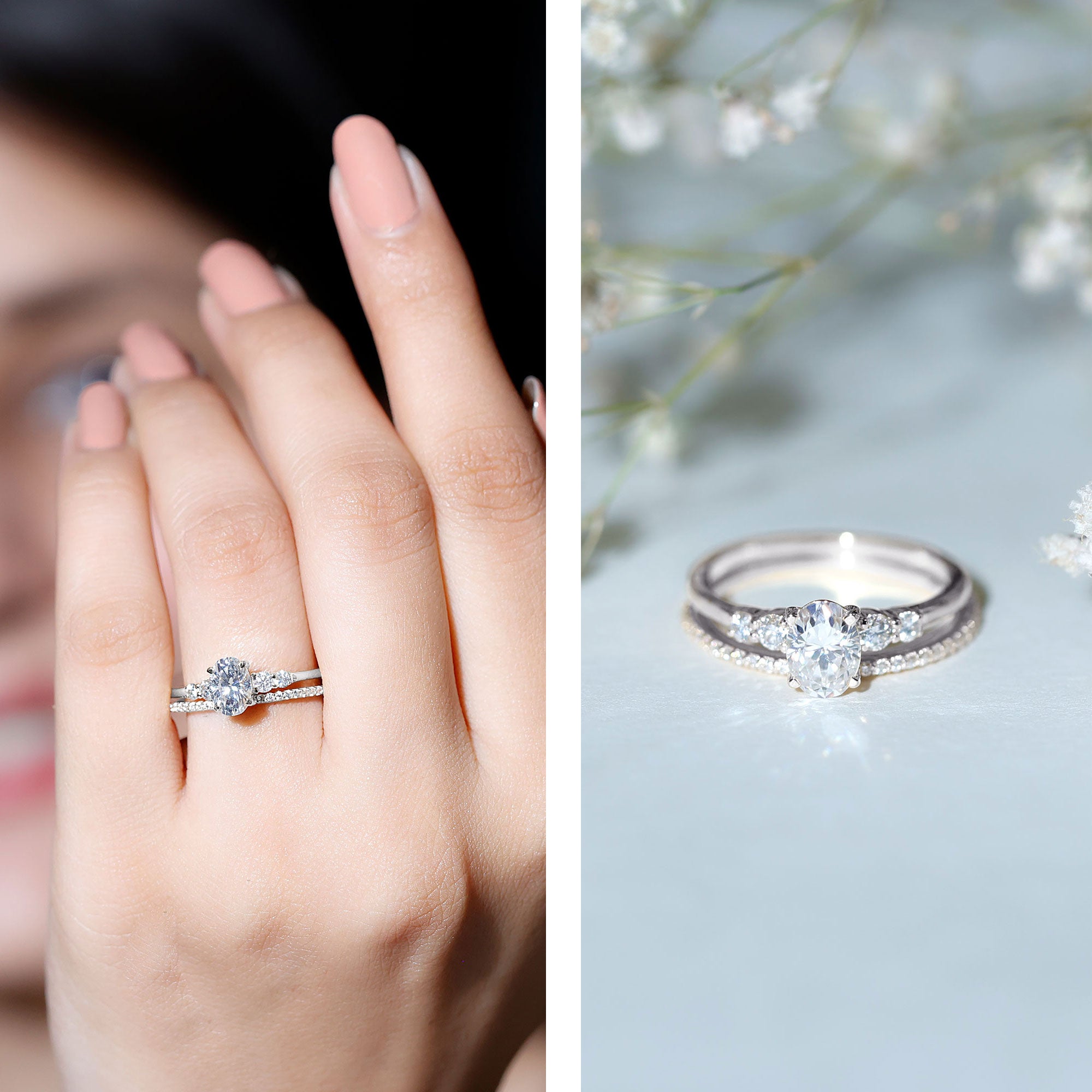 Certified 0.75 Carat Oval Lab Grown Diamond Wedding Bridal Ring Set Lab - ( EF-VS ) - Rosec Jewels