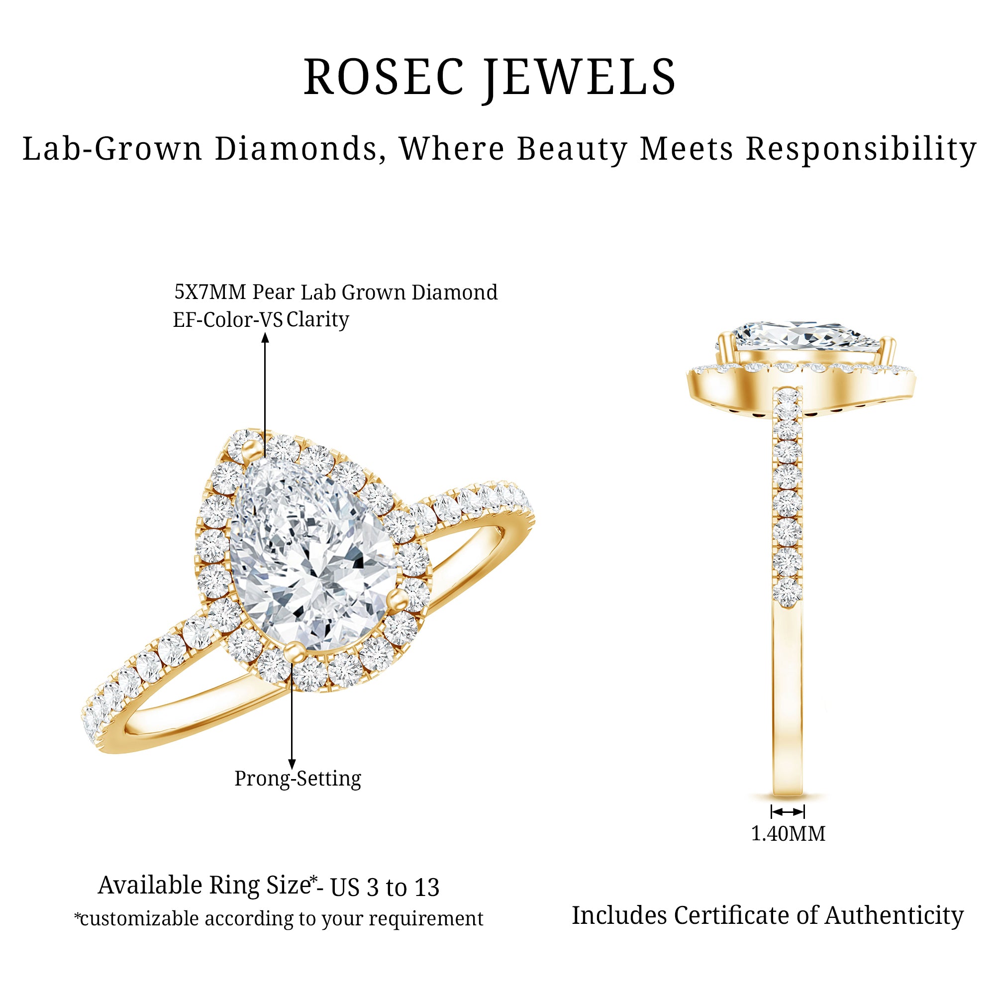 Certified Lab Grown Diamond Teardrop Halo Engagement Ring Lab - ( EF-VS ) - Rosec Jewels