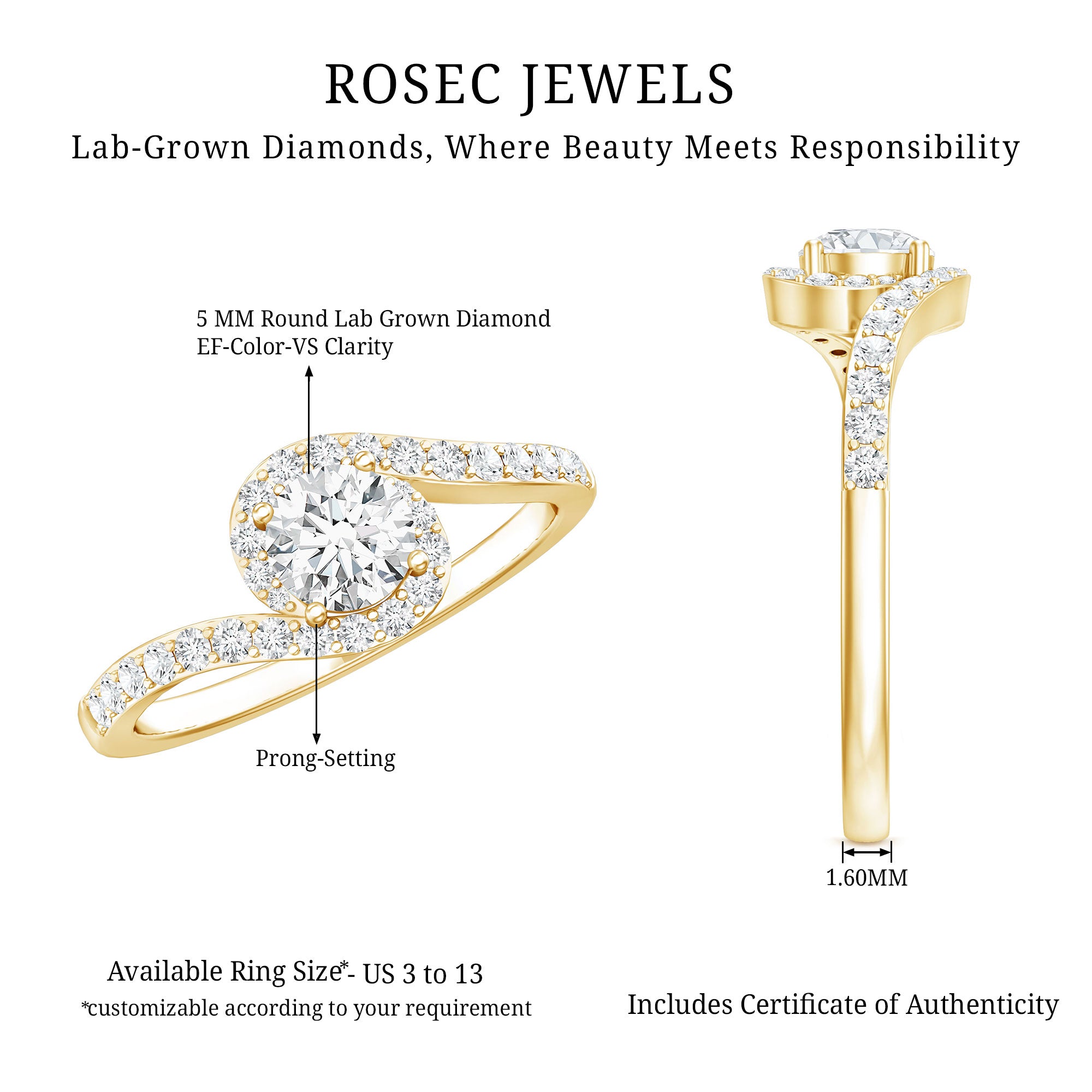 Certified 5 MM Lab Grown Diamond Bypass Engagement Ring Lab - ( EF-VS ) - Rosec Jewels