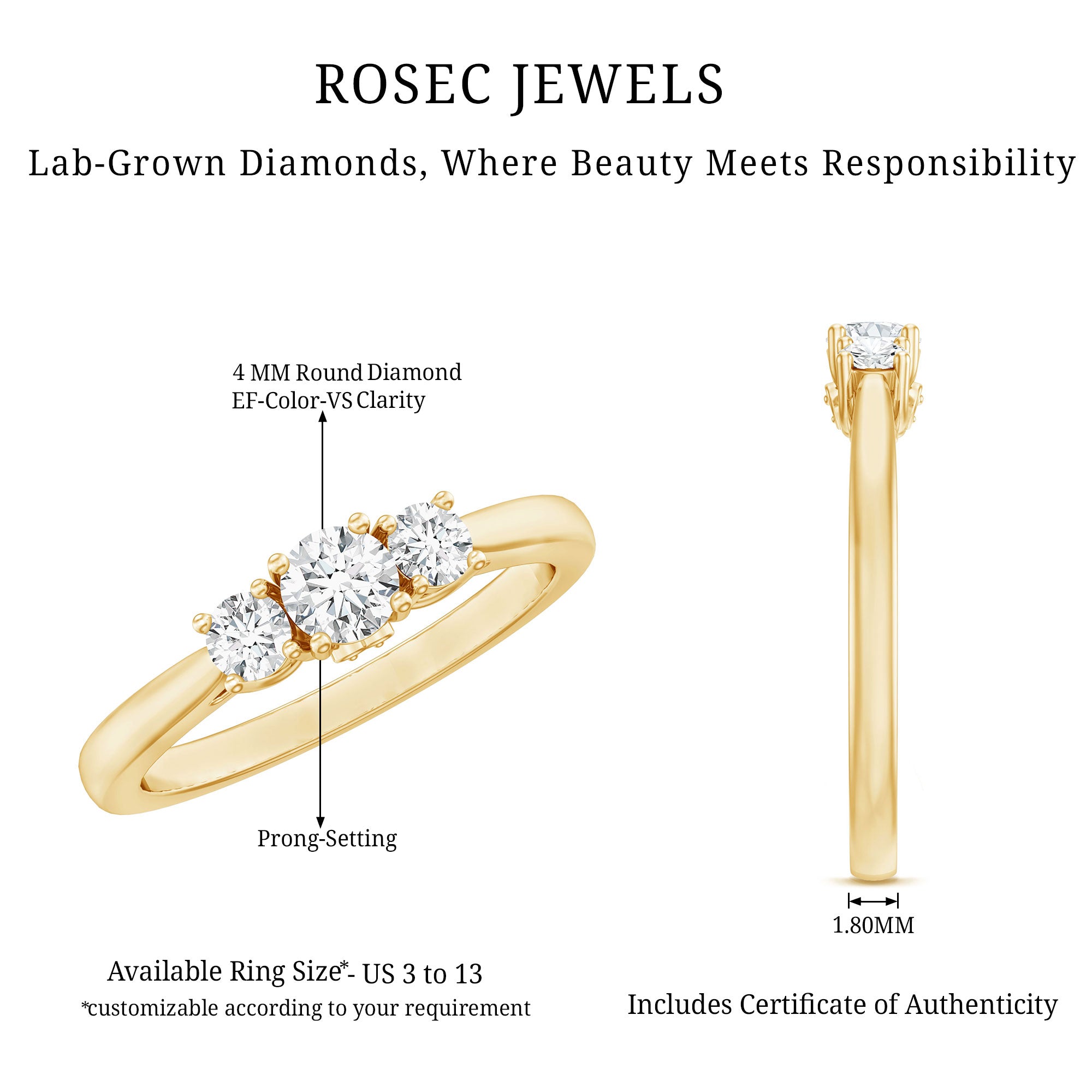 Rosec Jewels-Lab Grown Diamond Minimal 3 Stone Engagement Ring