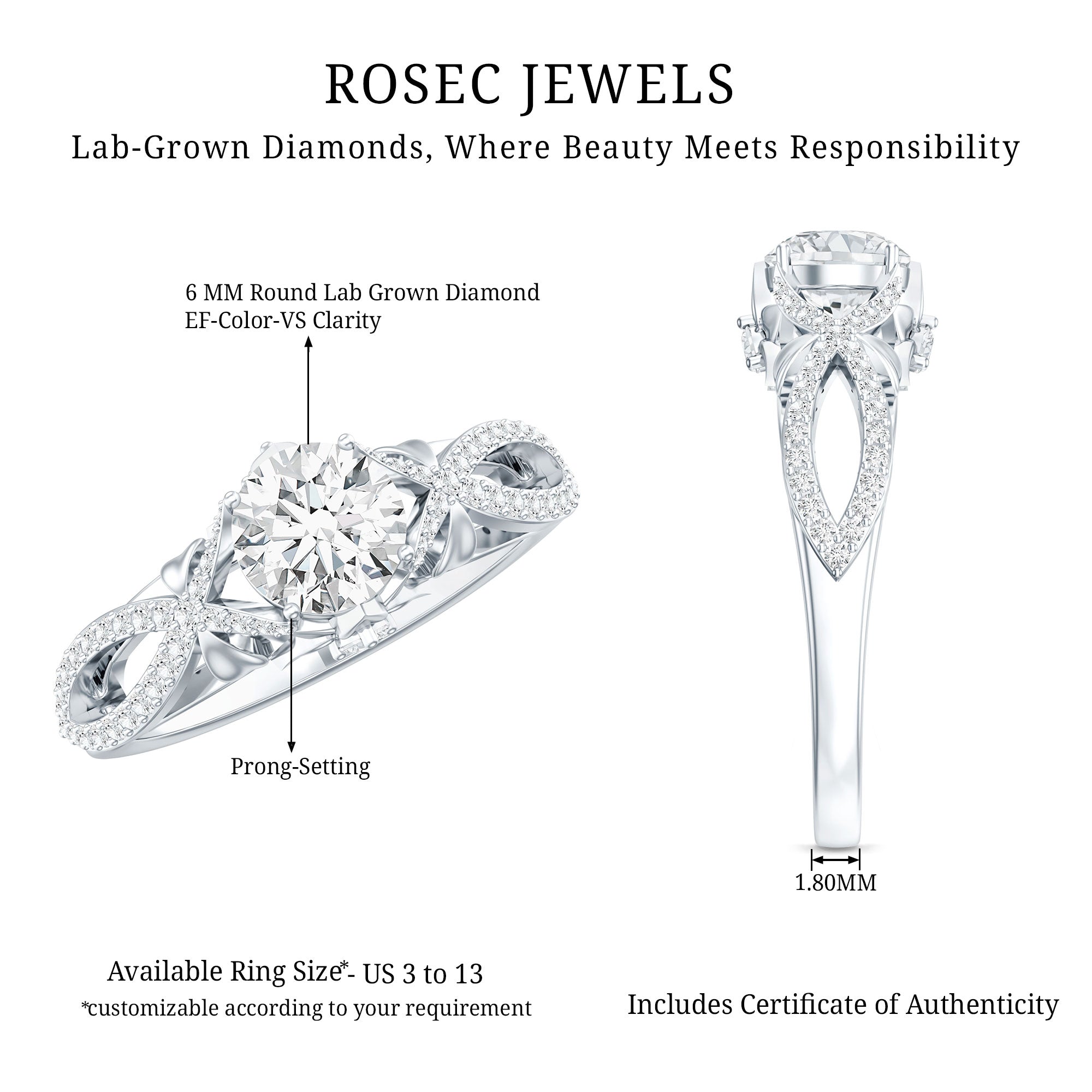 Certified 6 MM Lab Grown Diamond Crossover Engagement Ring Lab - ( EF-VS ) - Rosec Jewels