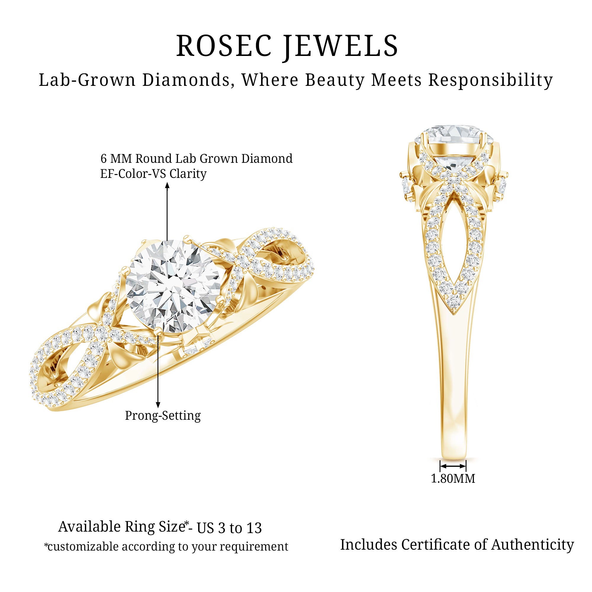 Certified 6 MM Lab Grown Diamond Crossover Engagement Ring Lab - ( EF-VS ) - Rosec Jewels