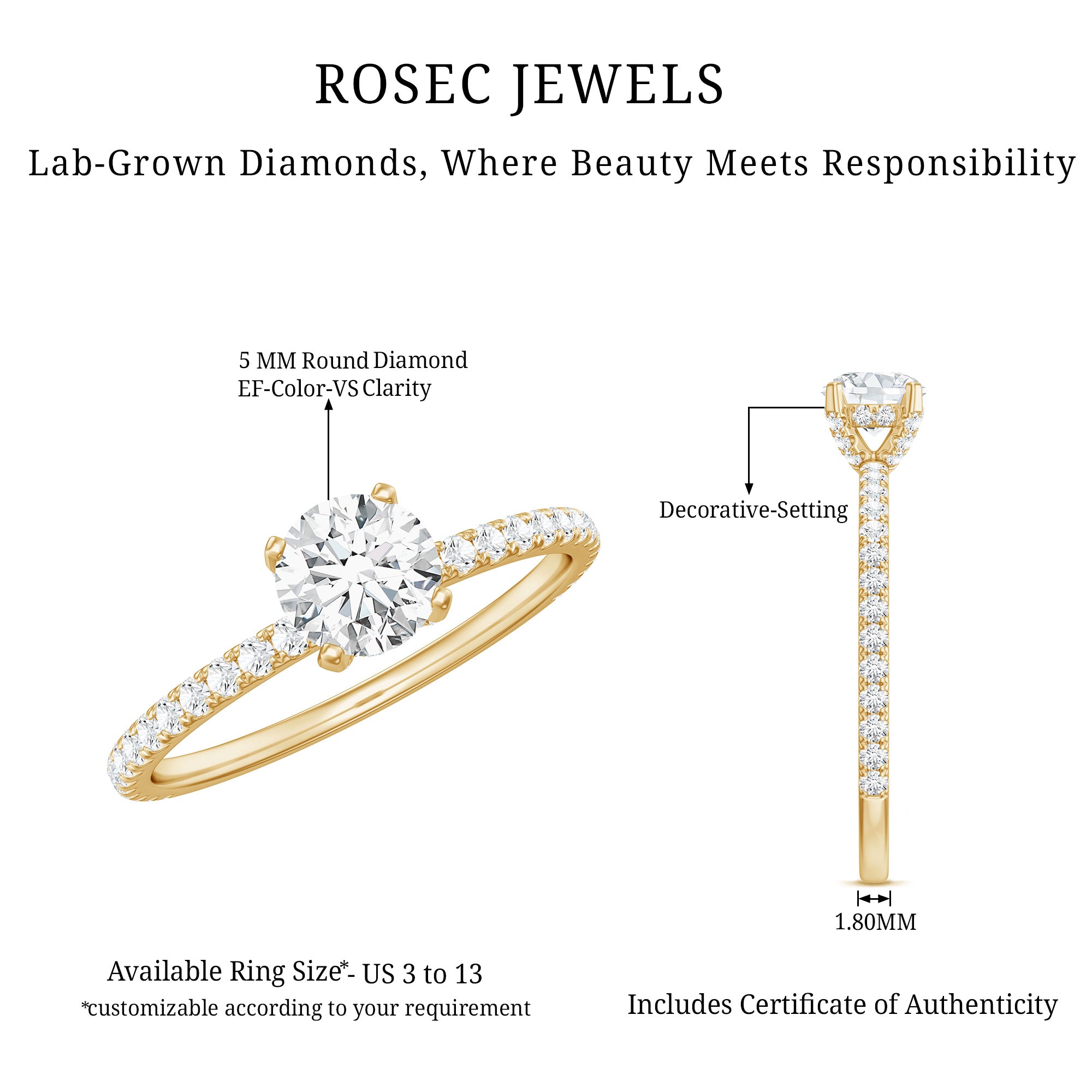 Rosec Jewels-Lab Grown Diamond 5 MM Solitaire Engagement Ring with Side Stones
